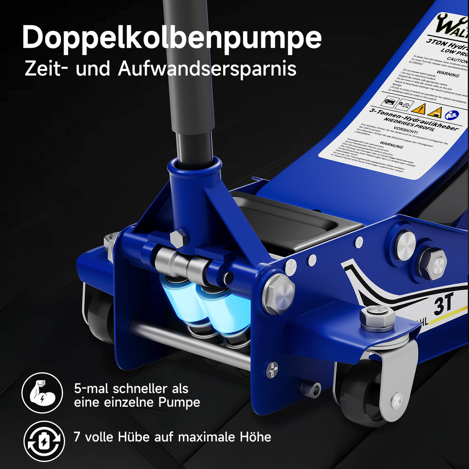 Wagenheber mit leichtgängigem Doppelkolben für müheloses Heben