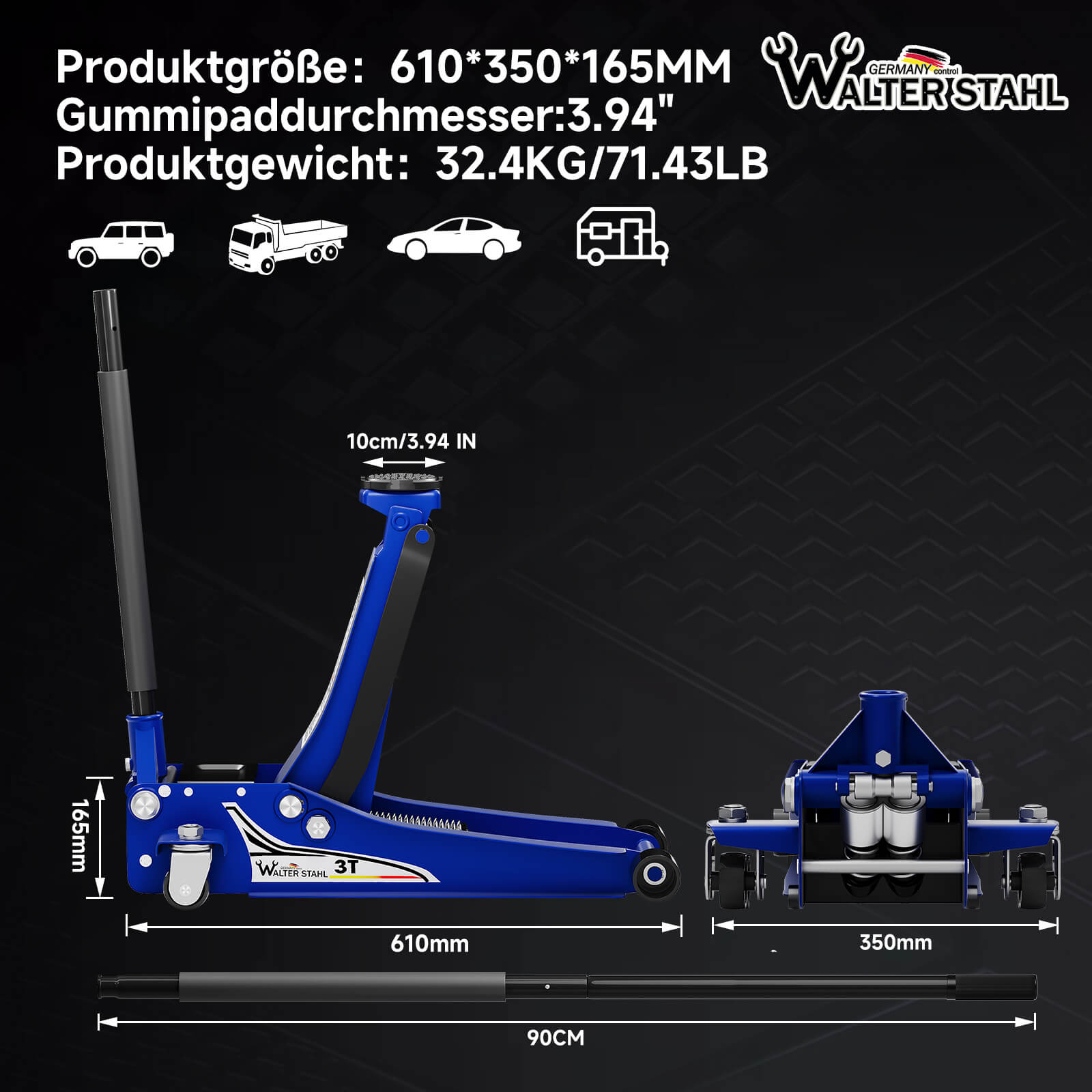 Komfortabler Autoheber mit lenkbaren Rollen für einfaches Positionieren