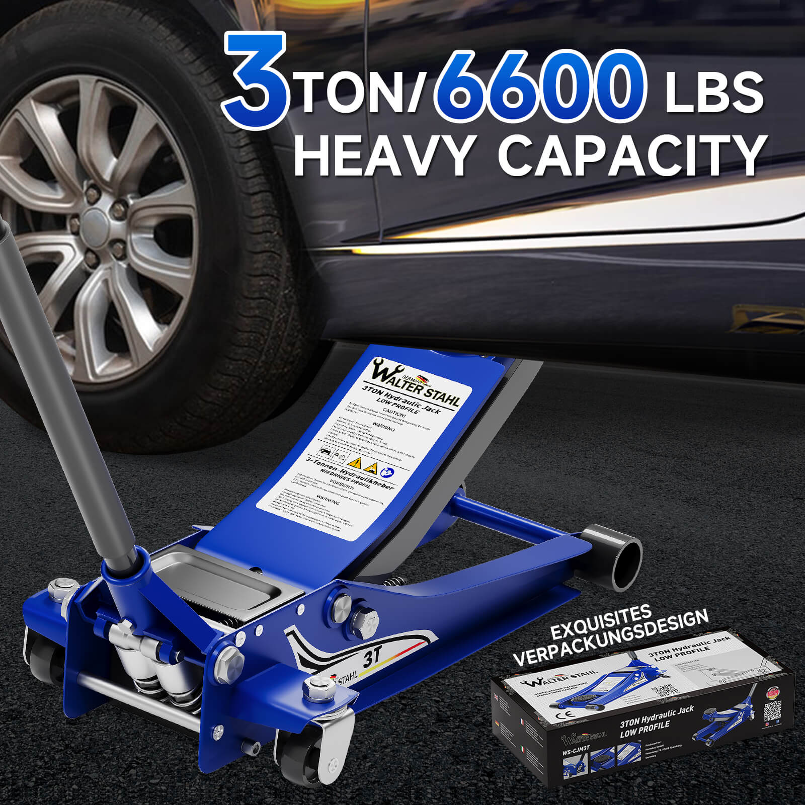 Hydraulischer Wagenheber 3T Doppelkolben 75-500mm Antirutsch-Gummiauflagen & 360° Lenkrollen für SUVs/Autos