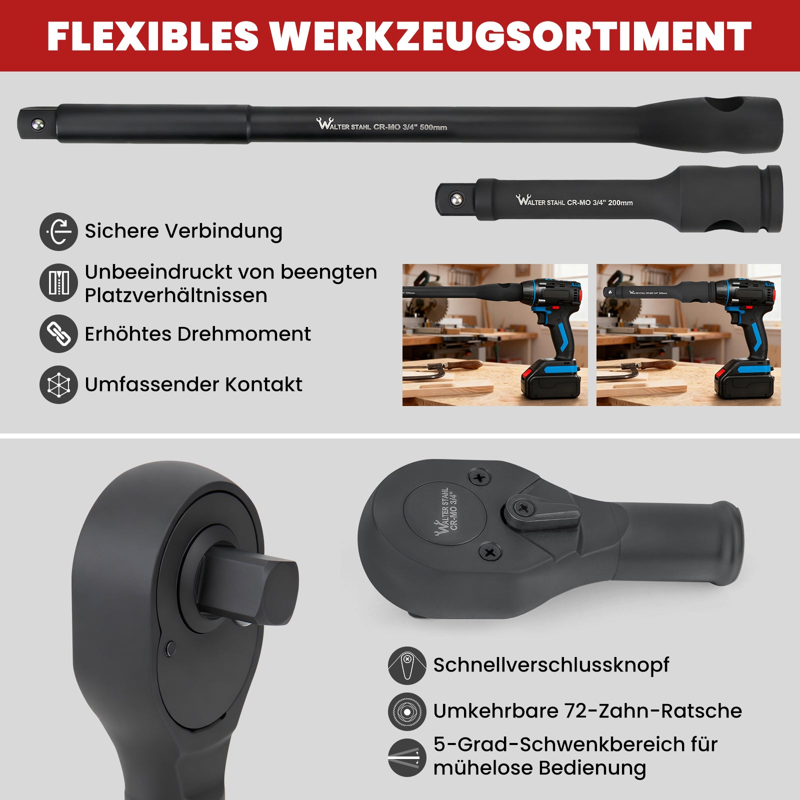 26-tlg. 3/4 Zoll Schlagschrauber Steckschlüsselsatz Cr-Mo SAE mit Zubehör für LKW, Traktoren und US-Fahrzeuge