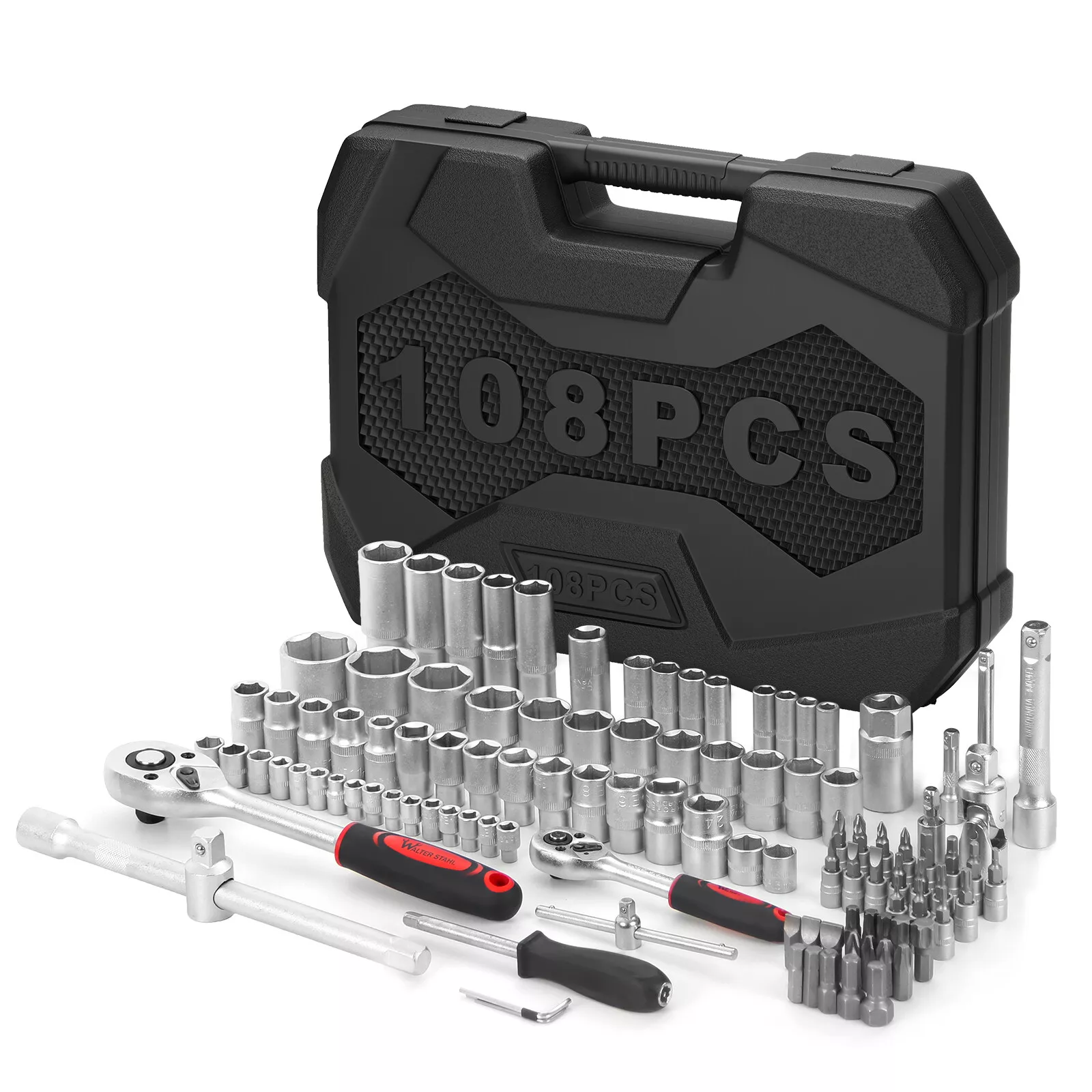 Set von 108teiligen Steckschlüsseln in einem Ratschenkasten, einschließlich 1/4" und 1/2", mit Werkzeugtasche