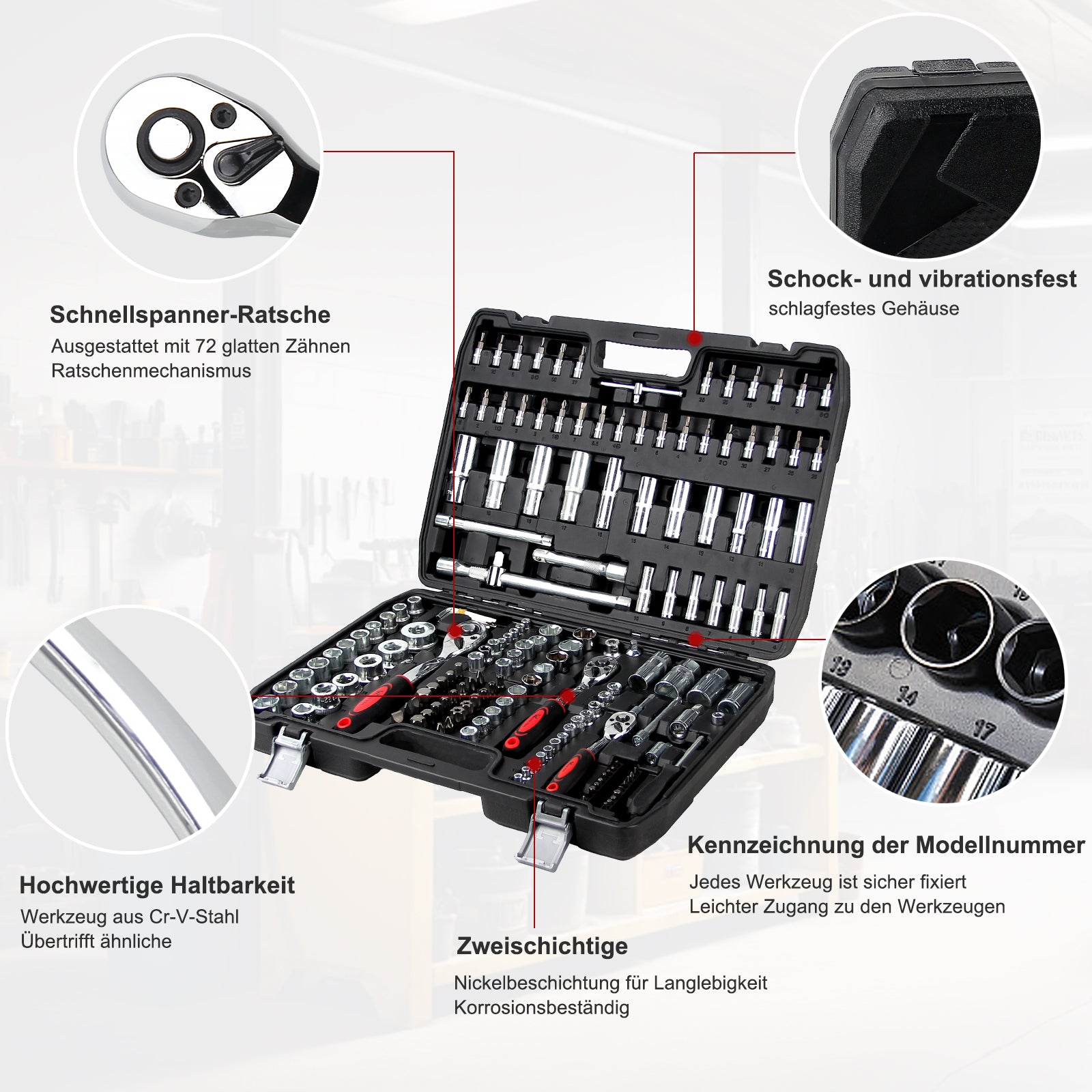 172-teiliger Steckschlüsselsatz aus Chrom-Vanadium-Stahl mit Ratschen, Bits und umfangreichem Zubehör im Koffer