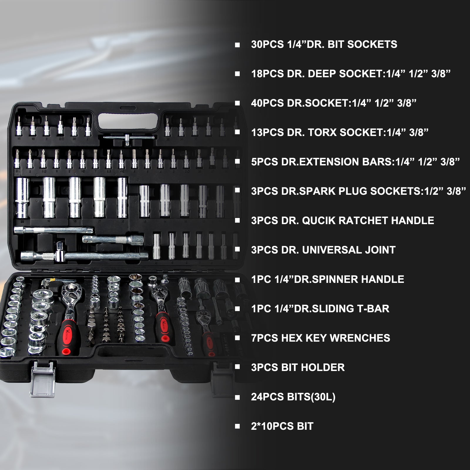 172-teiliger Steckschlüsselsatz aus Chrom-Vanadium-Stahl mit Ratschen, Bits und umfangreichem Zubehör im Koffer