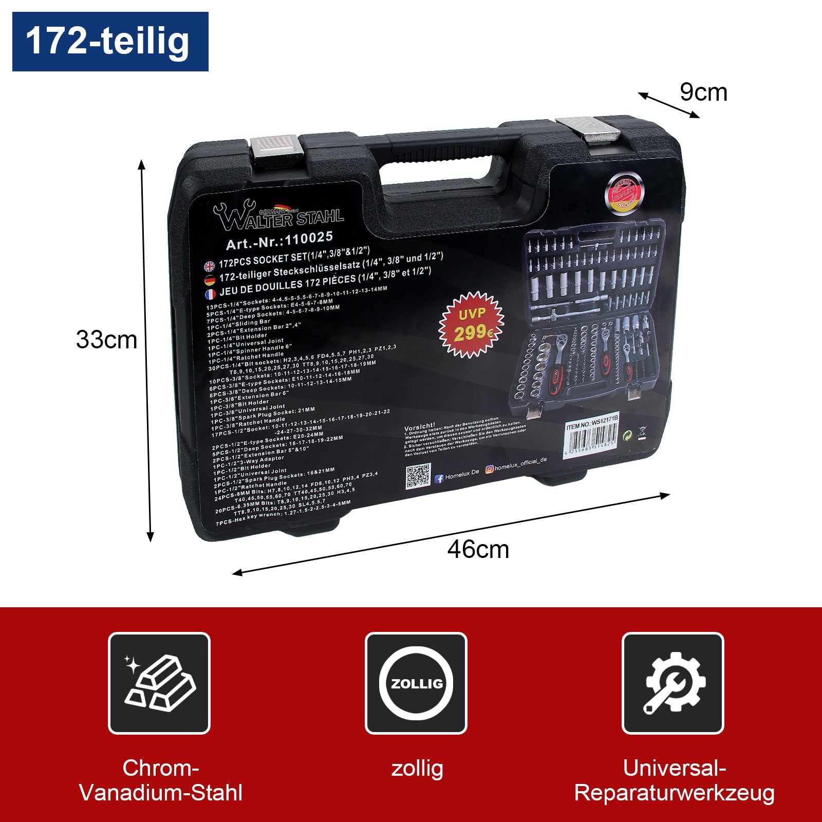 172-teiliger Steckschlüsselsatz aus Chrom-Vanadium-Stahl mit Ratschen, Bits und umfangreichem Zubehör im Koffer