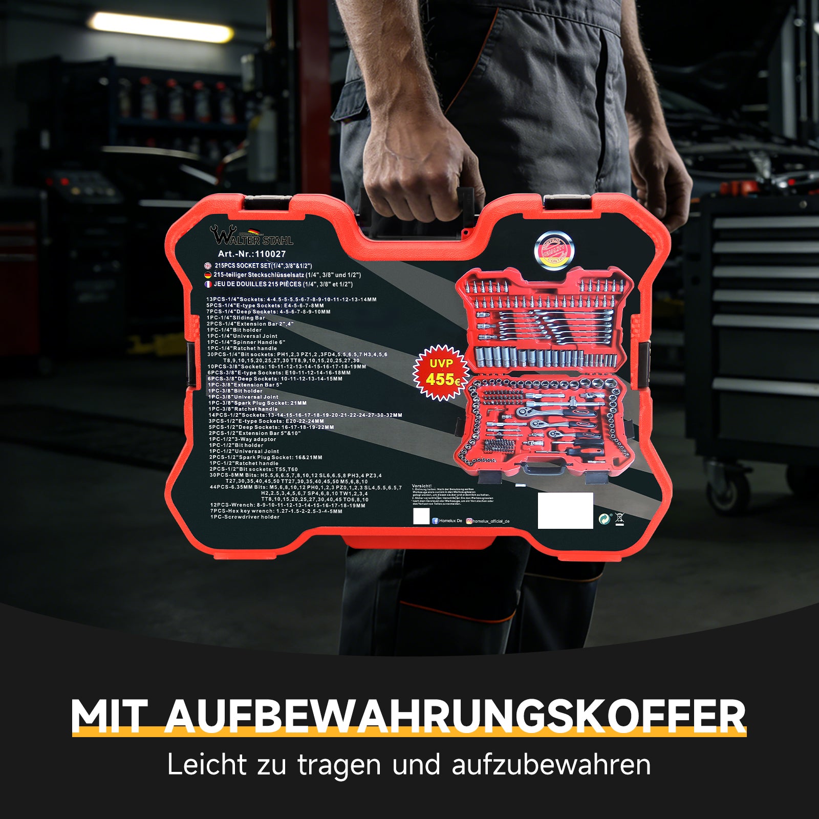 Steckschlüsselsatz 215-tlg. Knarrenkasten 1/4 3/8 1/2 Zoll Chrom-Vanadium Werkzeugkoffer Kfz Reparatur Set