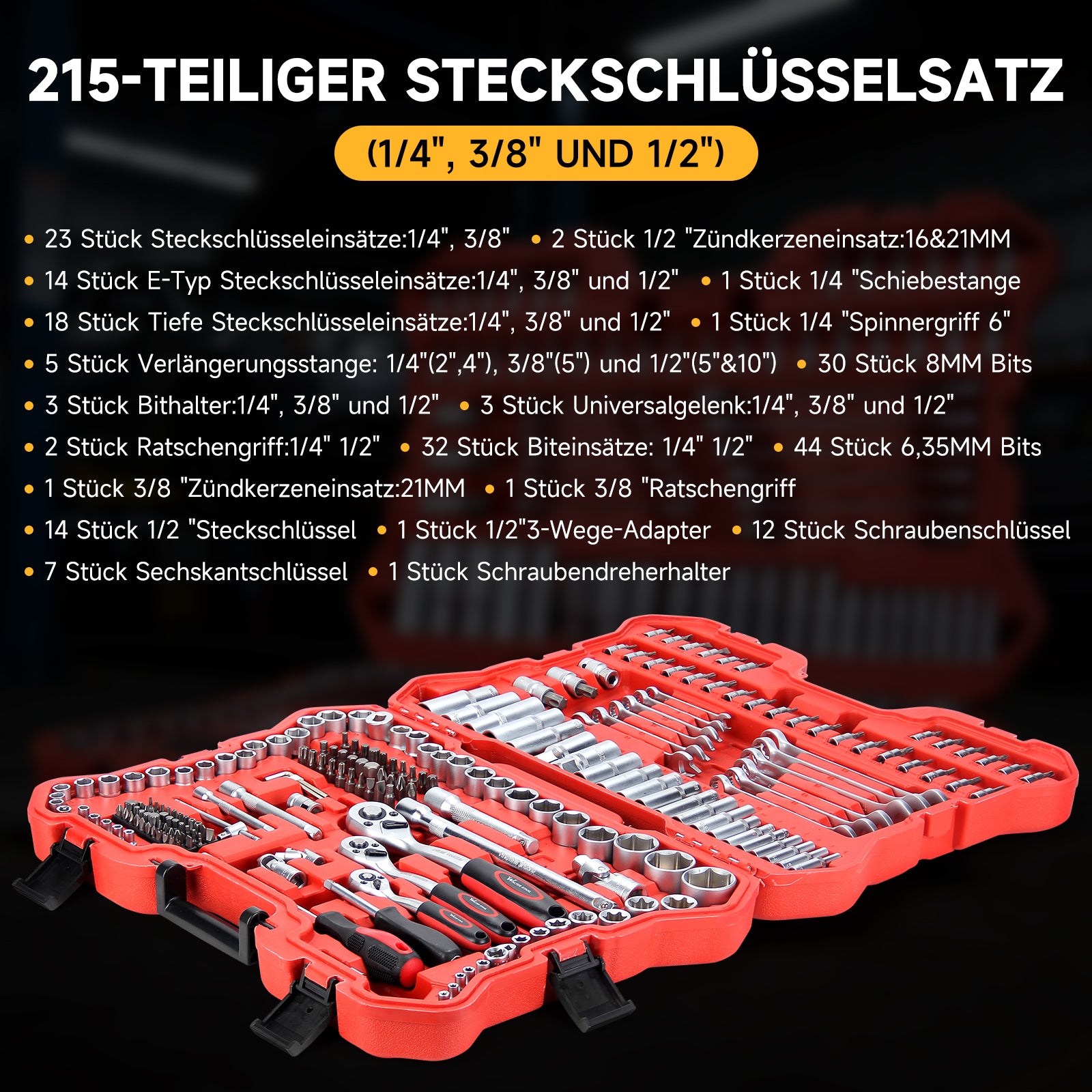 Steckschlüsselsatz 215-tlg. Knarrenkasten 1/4 3/8 1/2 Zoll Chrom-Vanadium Werkzeugkoffer Kfz Reparatur Set