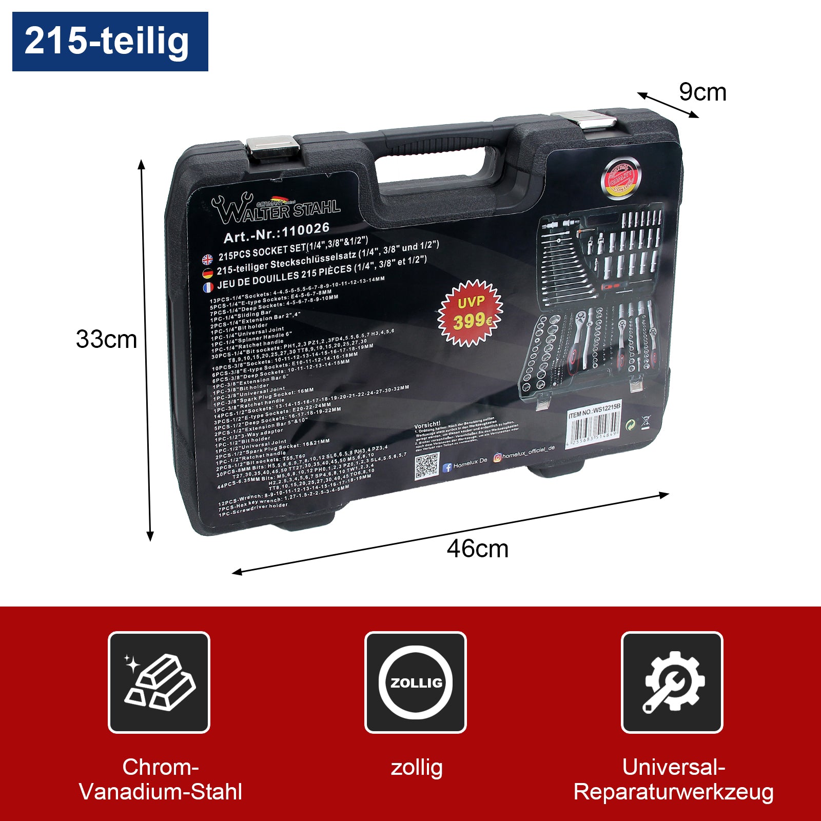 216-teiliger Steckschlüsselsatz aus Chrom-Vanadium-Stahl mit Ratschen, Gabelringschlüsseln, Bits und umfangreichem Zubehör
