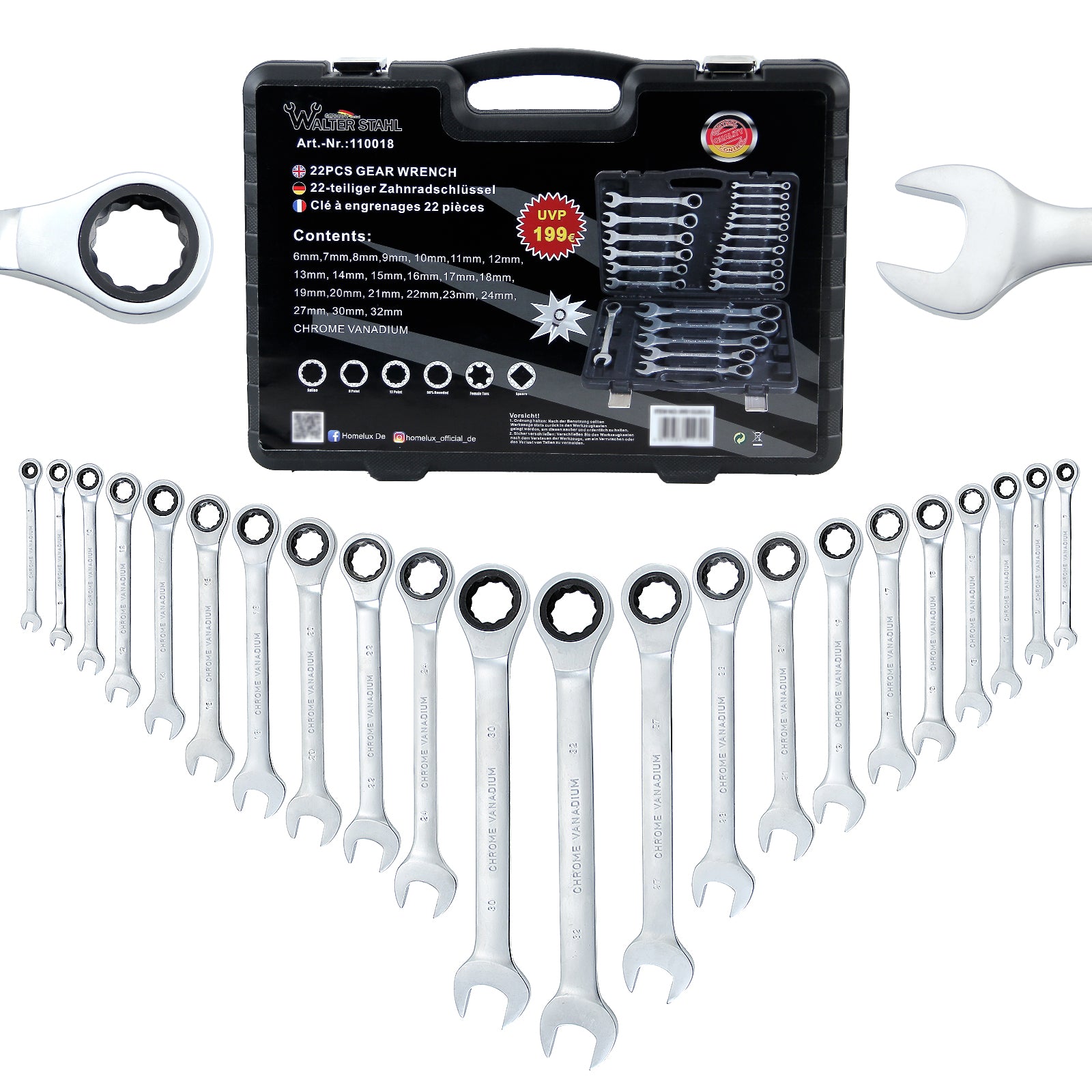 22-teiliges Profi Ringmaul-Ratschenschlüssel-Set aus Chrom-Vanadium-Stahl mit 72-Zahn-Ratsche, metrisch, im stabilen Koffer