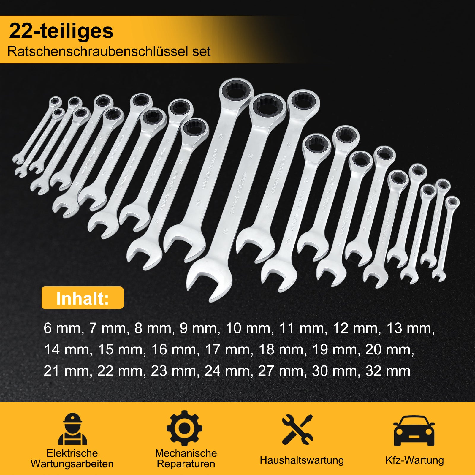 22-teiliges Profi Ringmaul-Ratschenschlüssel-Set aus Chrom-Vanadium-Stahl mit 72-Zahn-Ratsche, metrisch, im stabilen Koffer