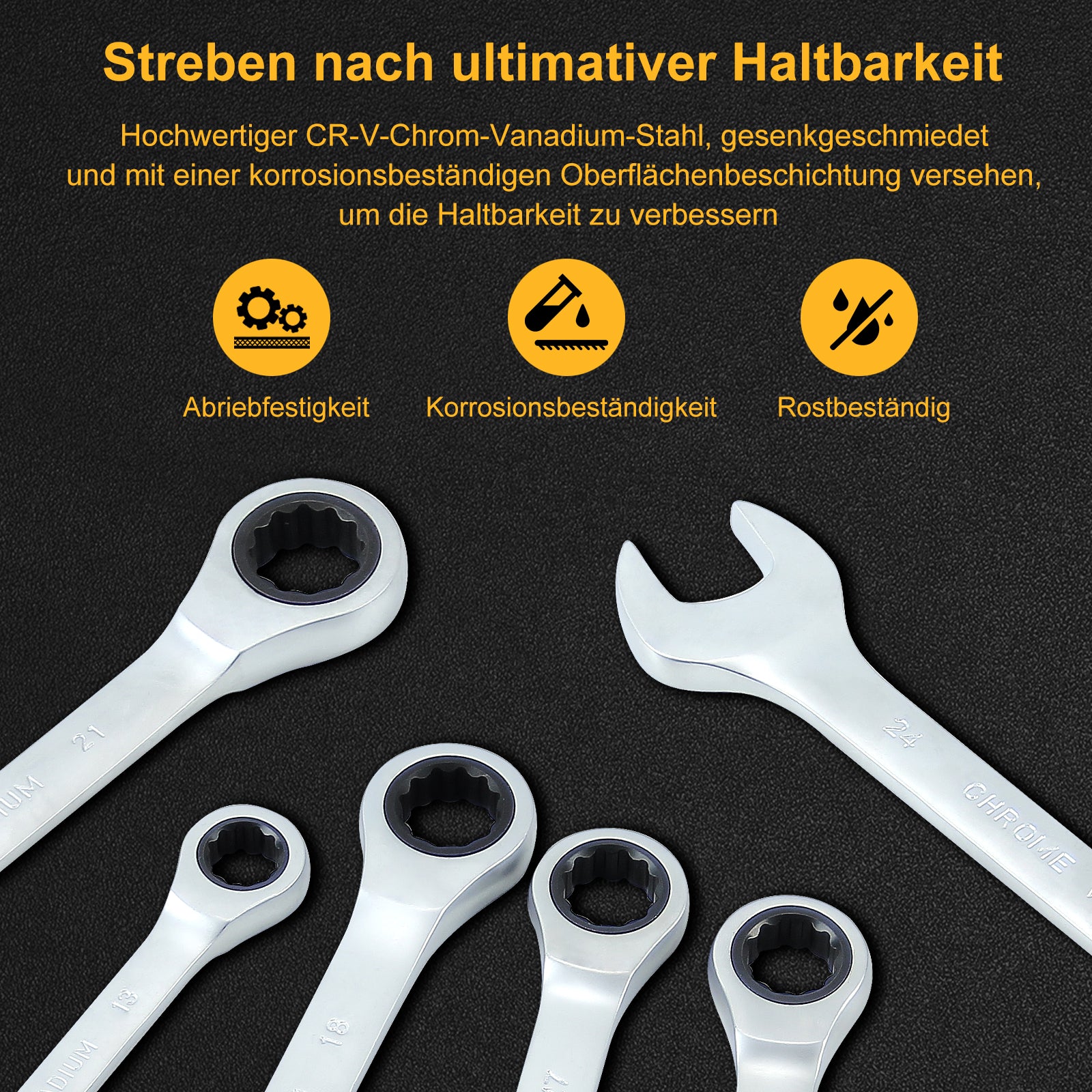 22-teiliges Profi Ringmaul-Ratschenschlüssel-Set aus Chrom-Vanadium-Stahl mit 72-Zahn-Ratsche, metrisch, im stabilen Koffer