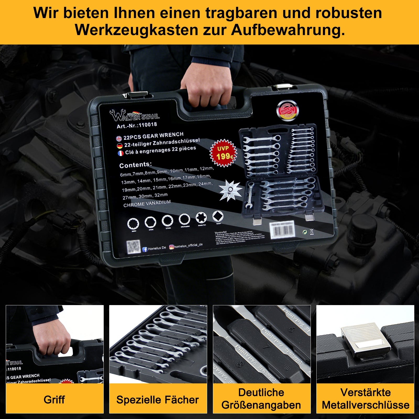 22-teiliges Profi Ringmaul-Ratschenschlüssel-Set aus Chrom-Vanadium-Stahl mit 72-Zahn-Ratsche, metrisch, im stabilen Koffer