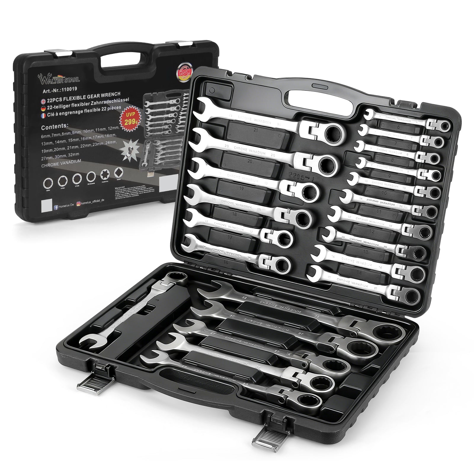 22 tlg. Gelenk Ratschenschlüssel Set 6-32mm Flexibel 72 Zähne Chrom Vanadium Knarrenschlüssel im Koffer