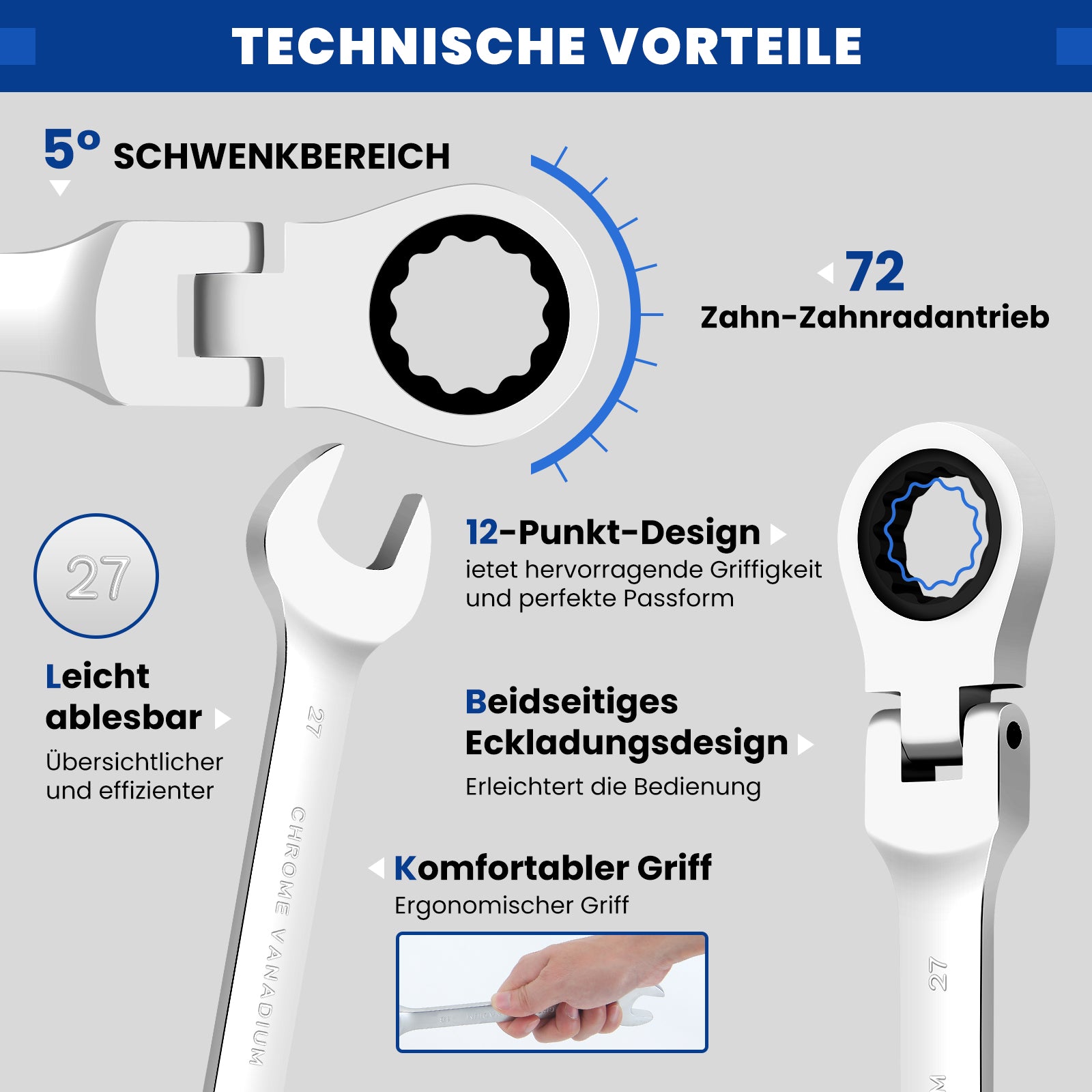 22 tlg. Gelenk Ratschenschlüssel Set 6-32mm Flexibel 72 Zähne Chrom Vanadium Knarrenschlüssel im Koffer
