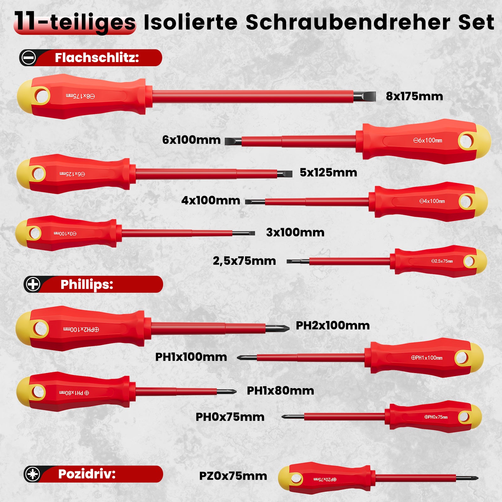 11-teiliges isoliertes Schraubendreher-Set mit magnetischen Spitzen, Chrom-Vanadium-Stahl und stabilem Koffer