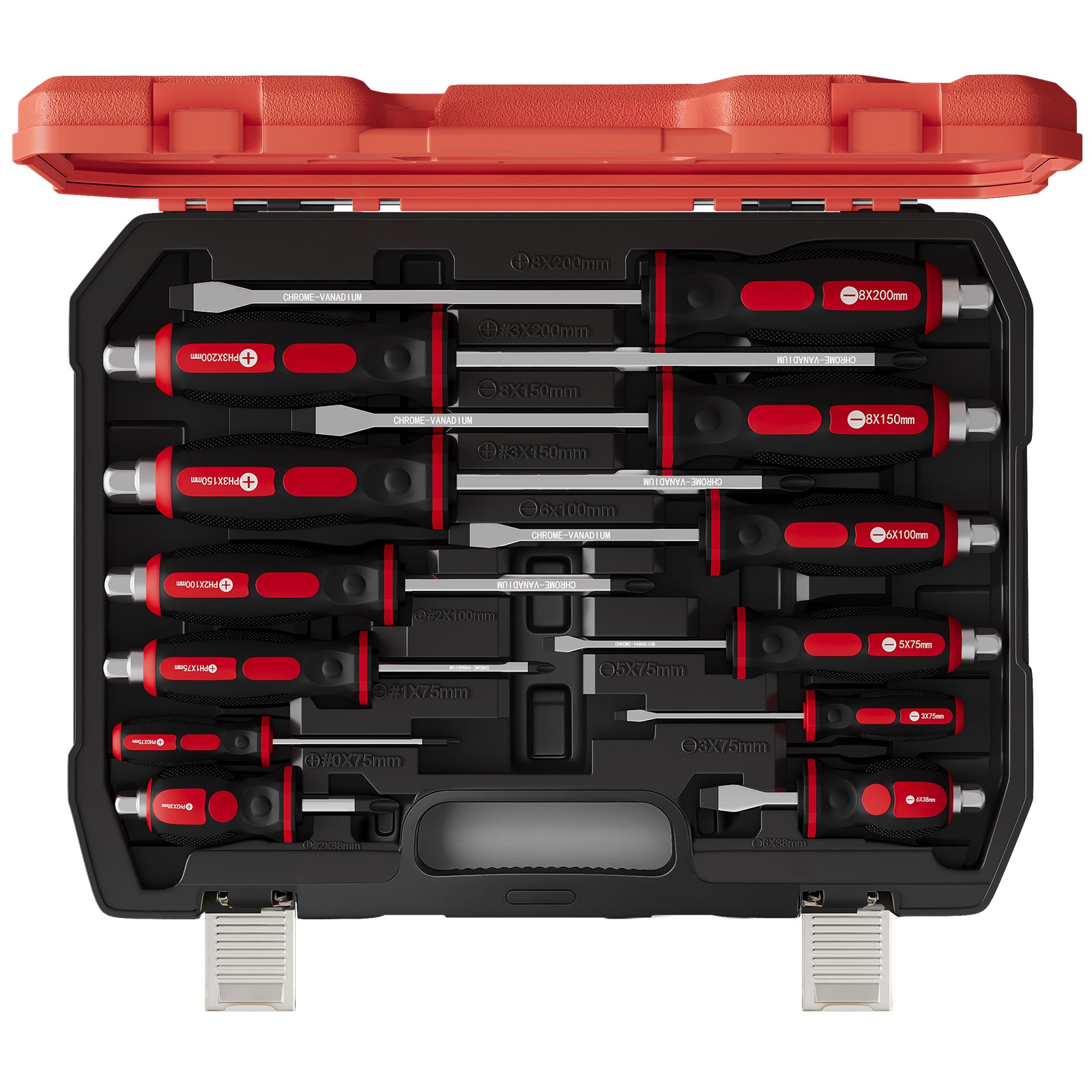 12-teiliges Profi-Schraubendreher-Set aus Chrom-Vanadium-Stahl mit Schlagkappe, Sechskantansatz und Transportkoffer