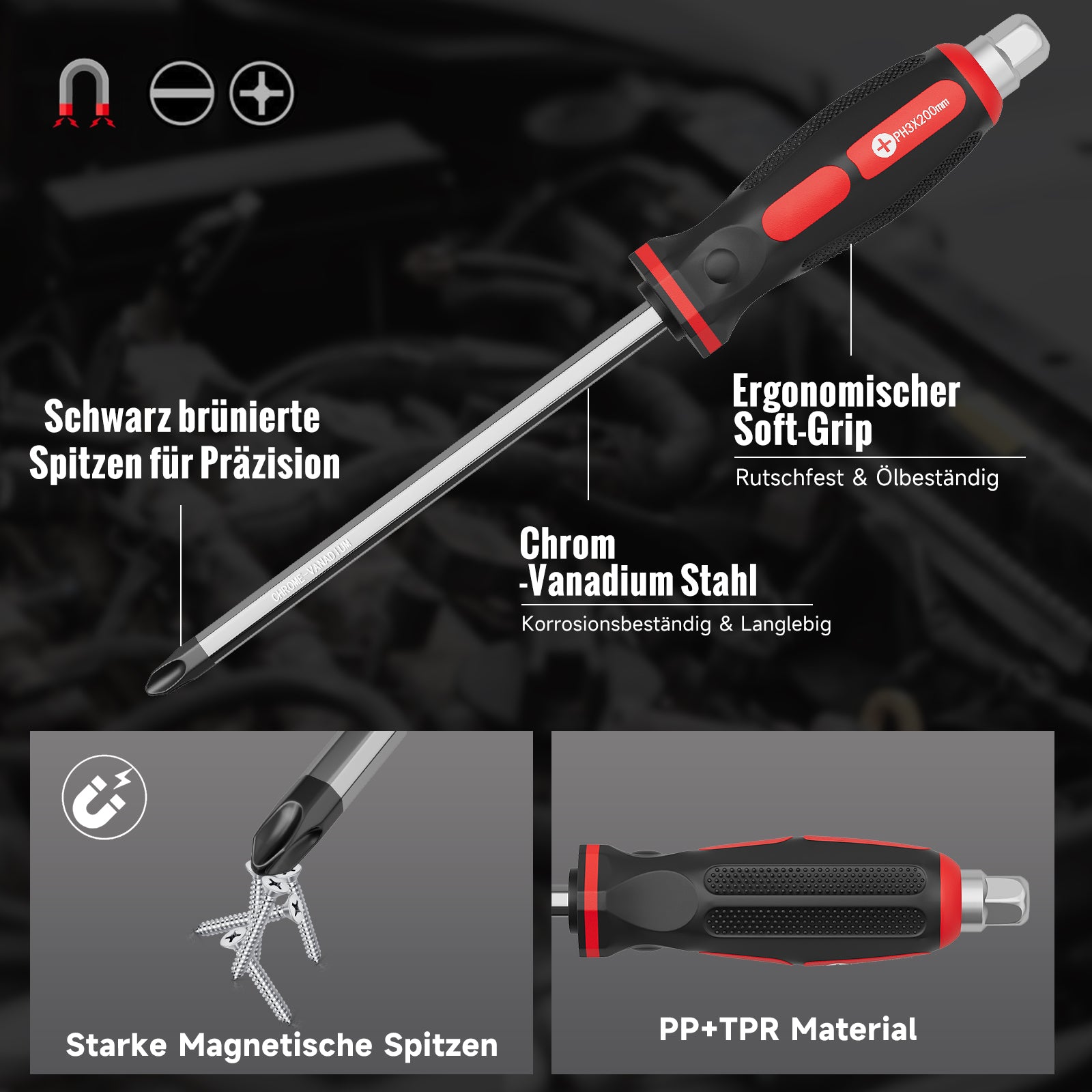 12-teiliges Profi-Schraubendreher-Set aus Chrom-Vanadium-Stahl mit Schlagkappe, Sechskantansatz und Transportkoffer