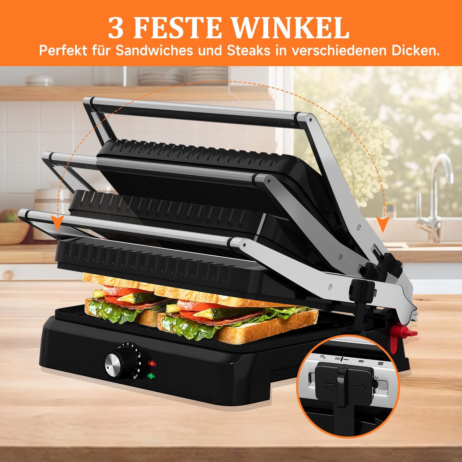 Kontaktgrill Sandwichmaker Panini Grill 2200W Toaster HOMELUX 34x23CM 3-in-1 Multifunktionsgrill für Paninis, Steaks, Sandwiches