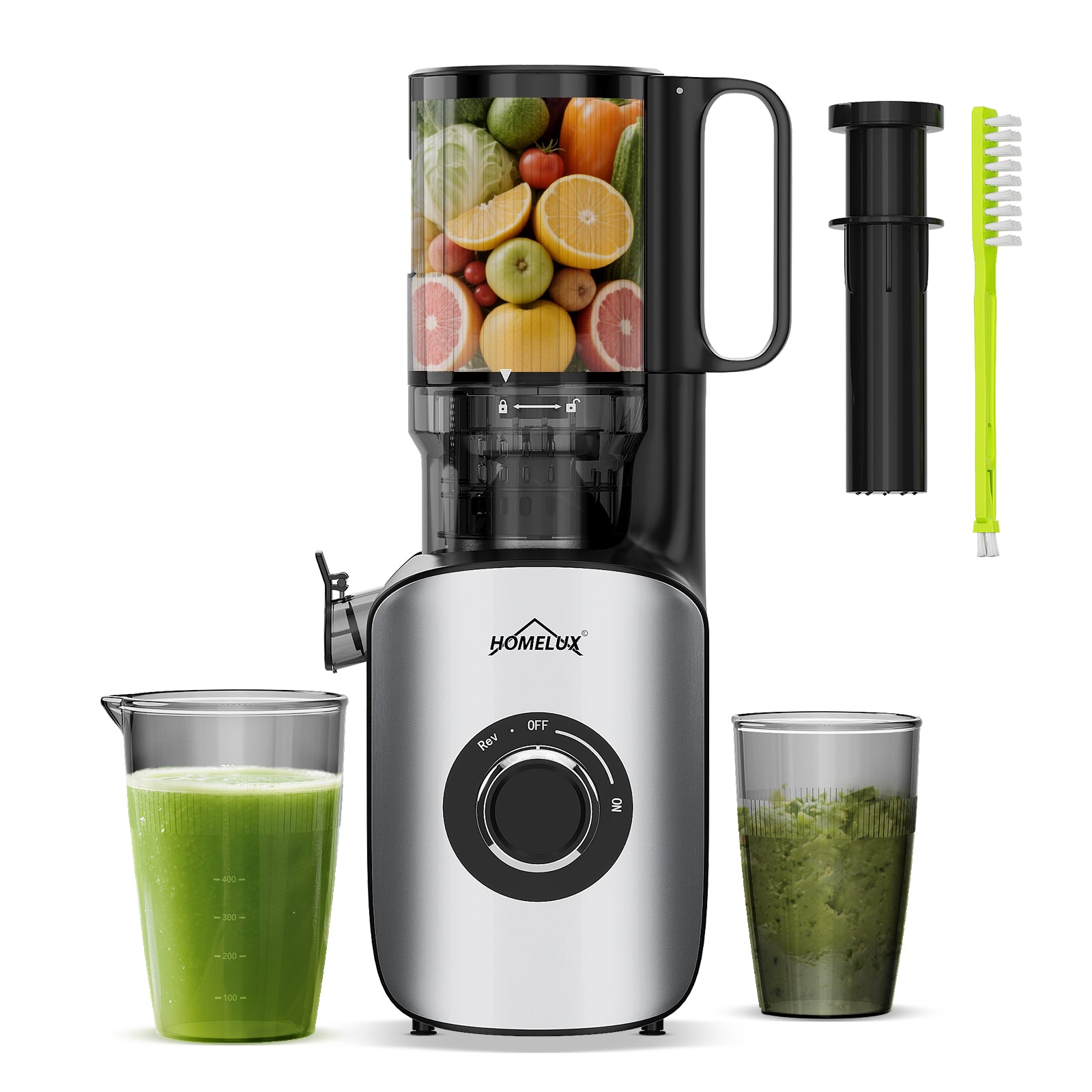 HOMELUX Slow Juicer 220W, 126mm XXL Einfüllschacht für Ganze Früchte, Elektrischer Entsafter Kaltpresse mit 2 Bechern