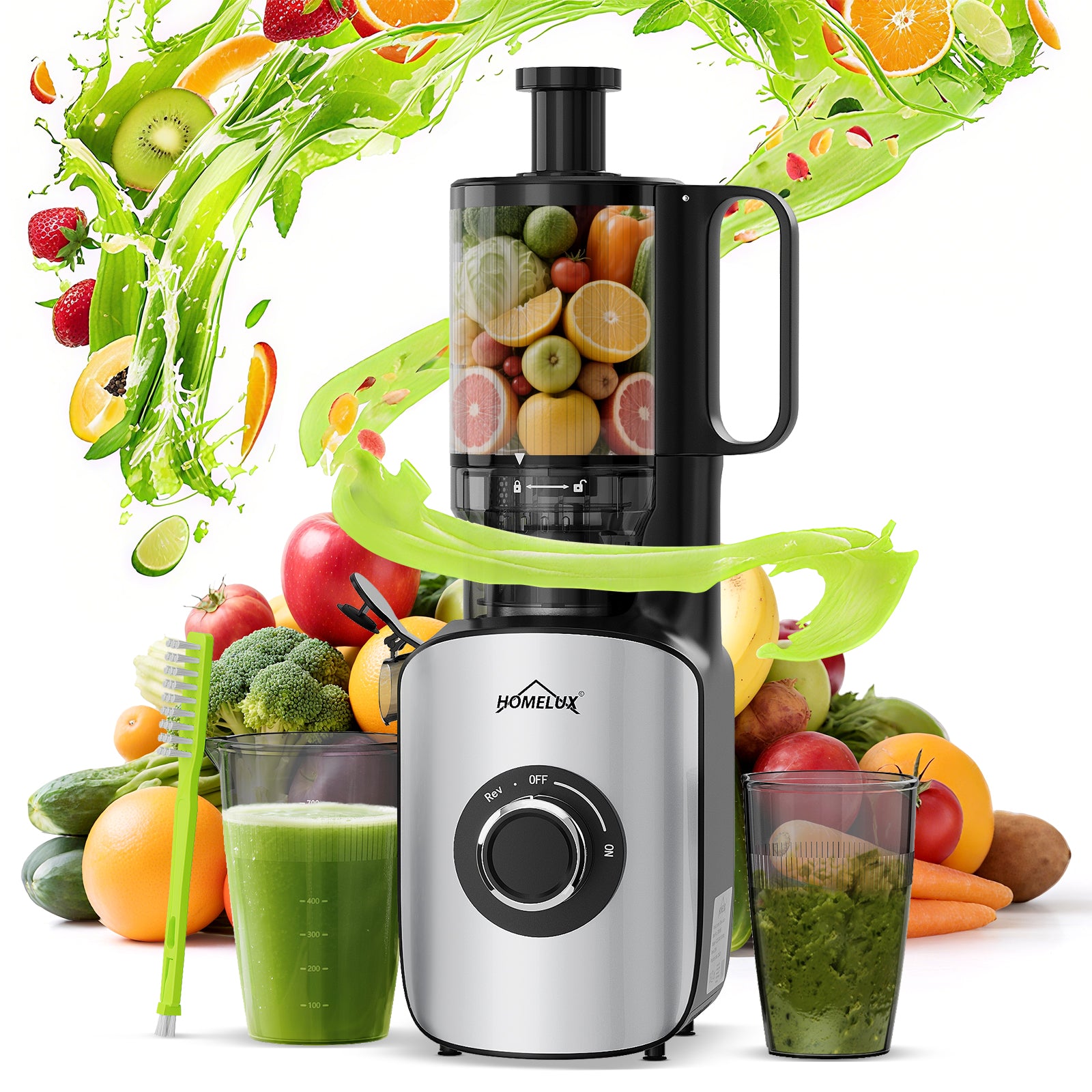 HOMELUX Slow Juicer 220W, 126mm XXL Einfüllschacht für Ganze Früchte, Elektrischer Entsafter Kaltpresse mit 2 Bechern