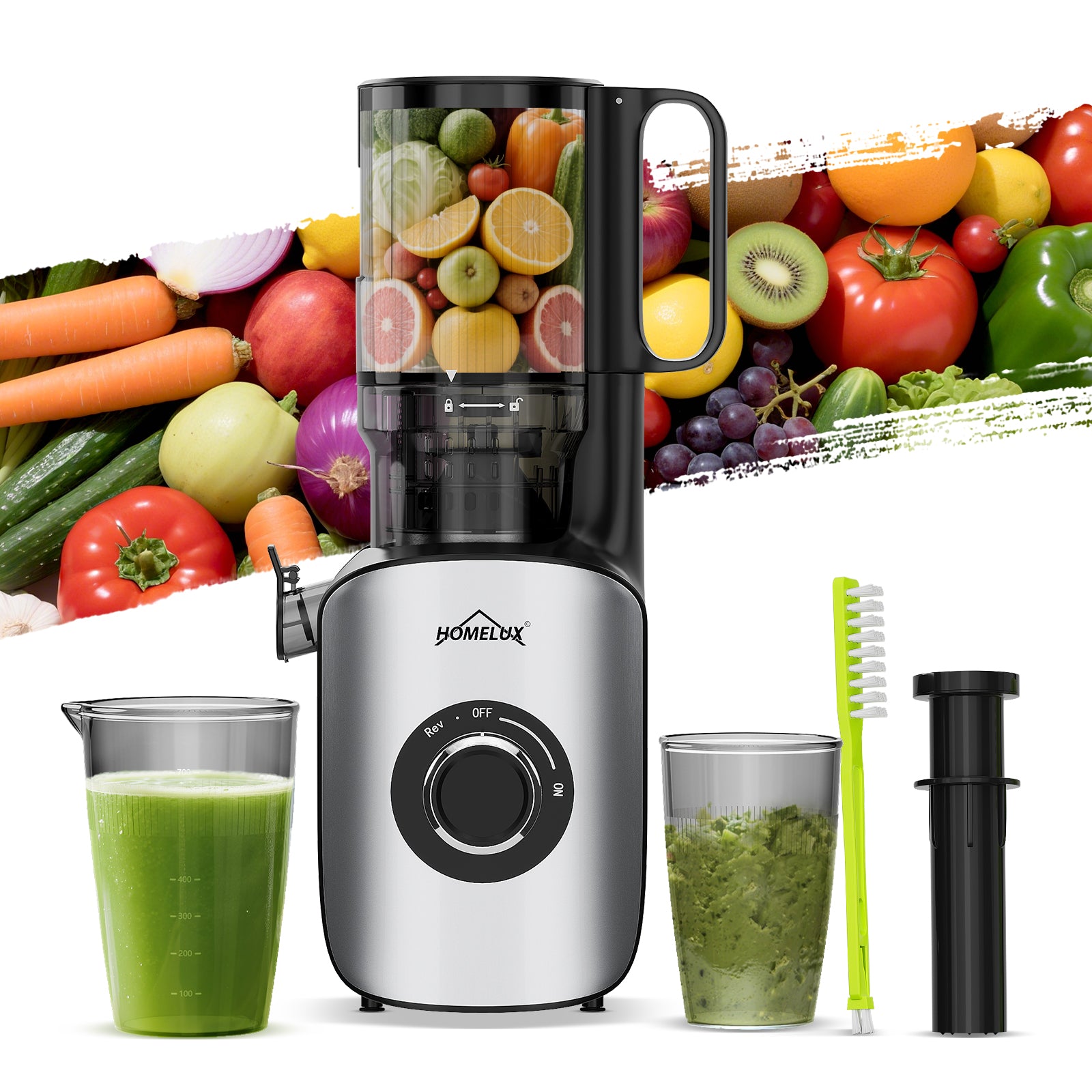 HOMELUX Slow Juicer 220W, 126mm XXL Einfüllschacht für Ganze Früchte, Elektrischer Entsafter Kaltpresse mit 2 Bechern