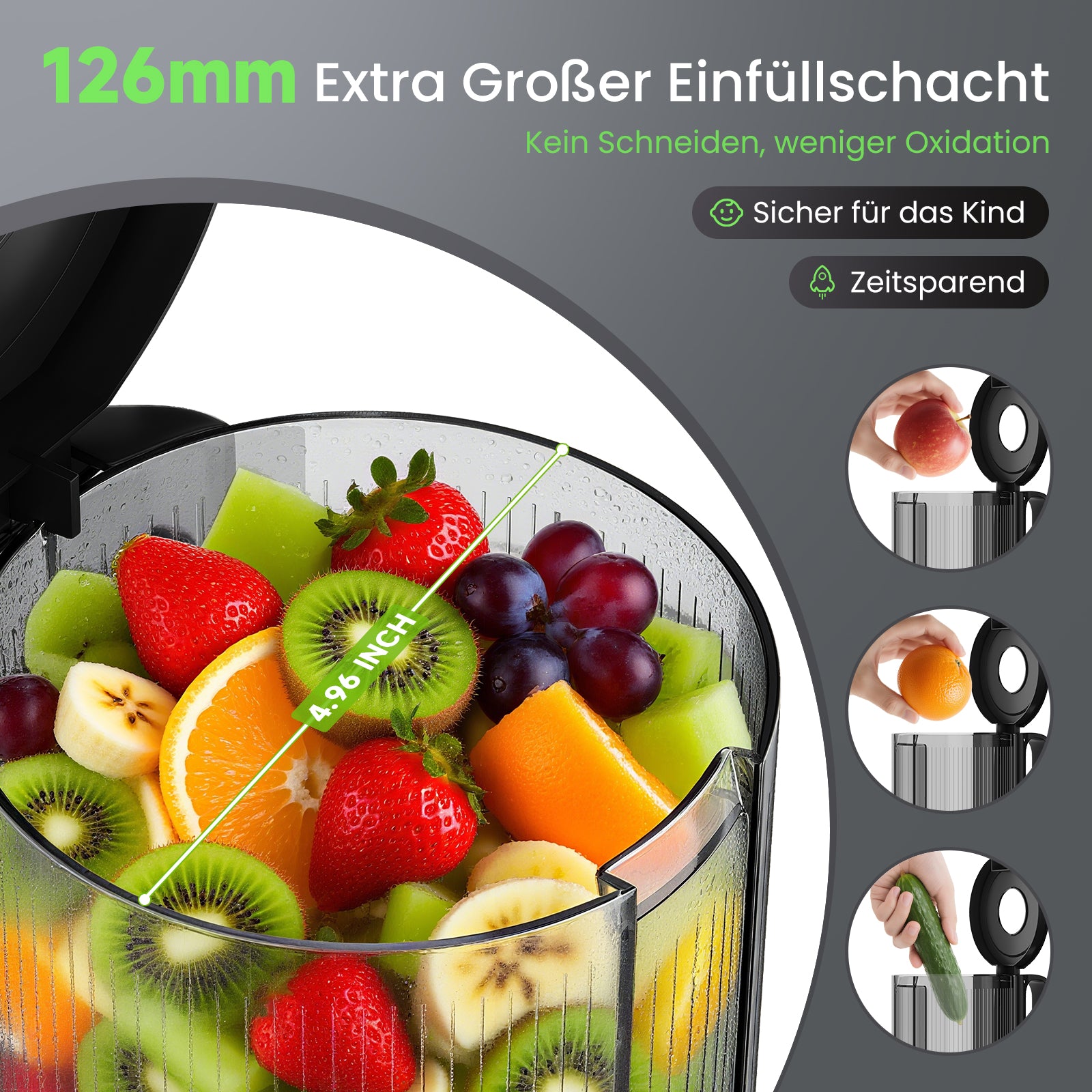 HOMELUX Slow Juicer 220W, 126mm XXL Einfüllschacht für Ganze Früchte, Elektrischer Entsafter Kaltpresse mit 2 Bechern