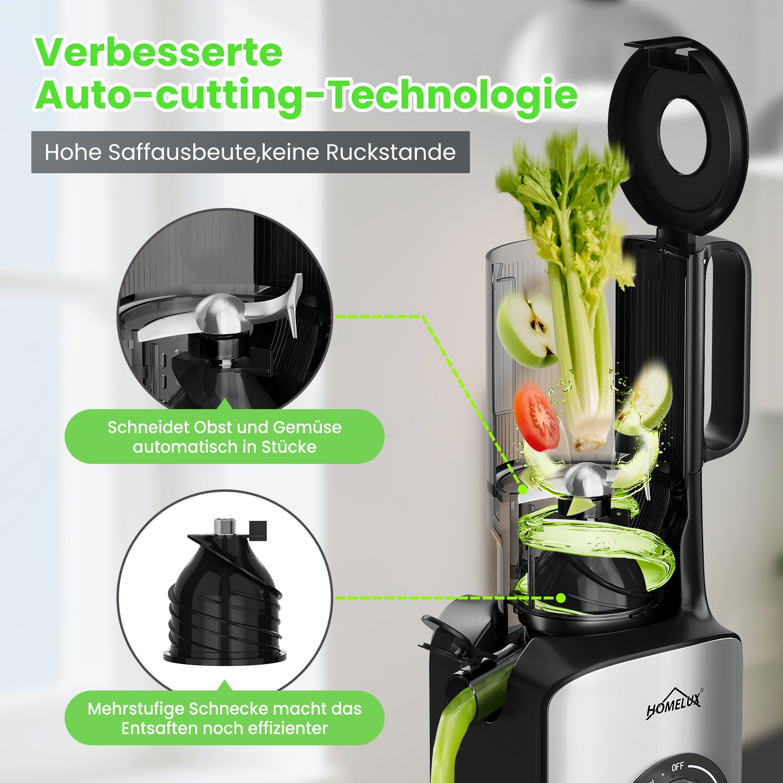 HOMELUX Slow Juicer 220W, 126mm XXL Einfüllschacht für Ganze Früchte, Elektrischer Entsafter Kaltpresse mit 2 Bechern