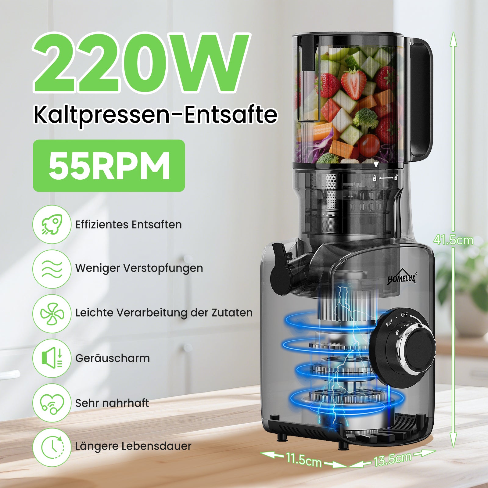 HOMELUX Slow Juicer 220W, 126mm XXL Einfüllschacht für Ganze Früchte, Elektrischer Entsafter Kaltpresse mit 2 Bechern