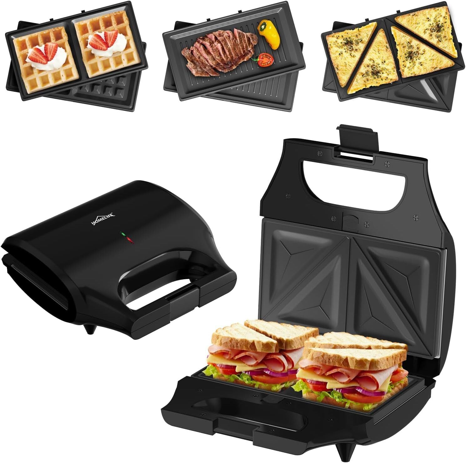 800W Sandwichmaker mit 3 Funktionen für Waffeln, Sandwiches und Grillen.
