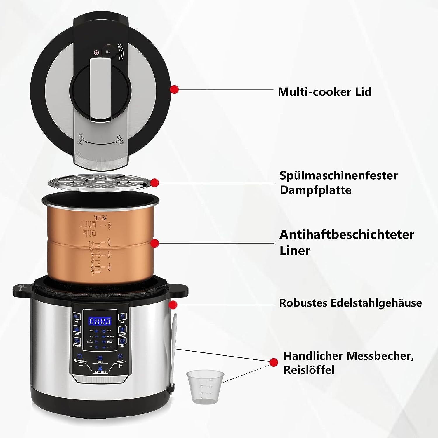 Multikocher 6L 1000W Edelstahl Reiskocher Schnellkochtopf Dampfgarer Reis