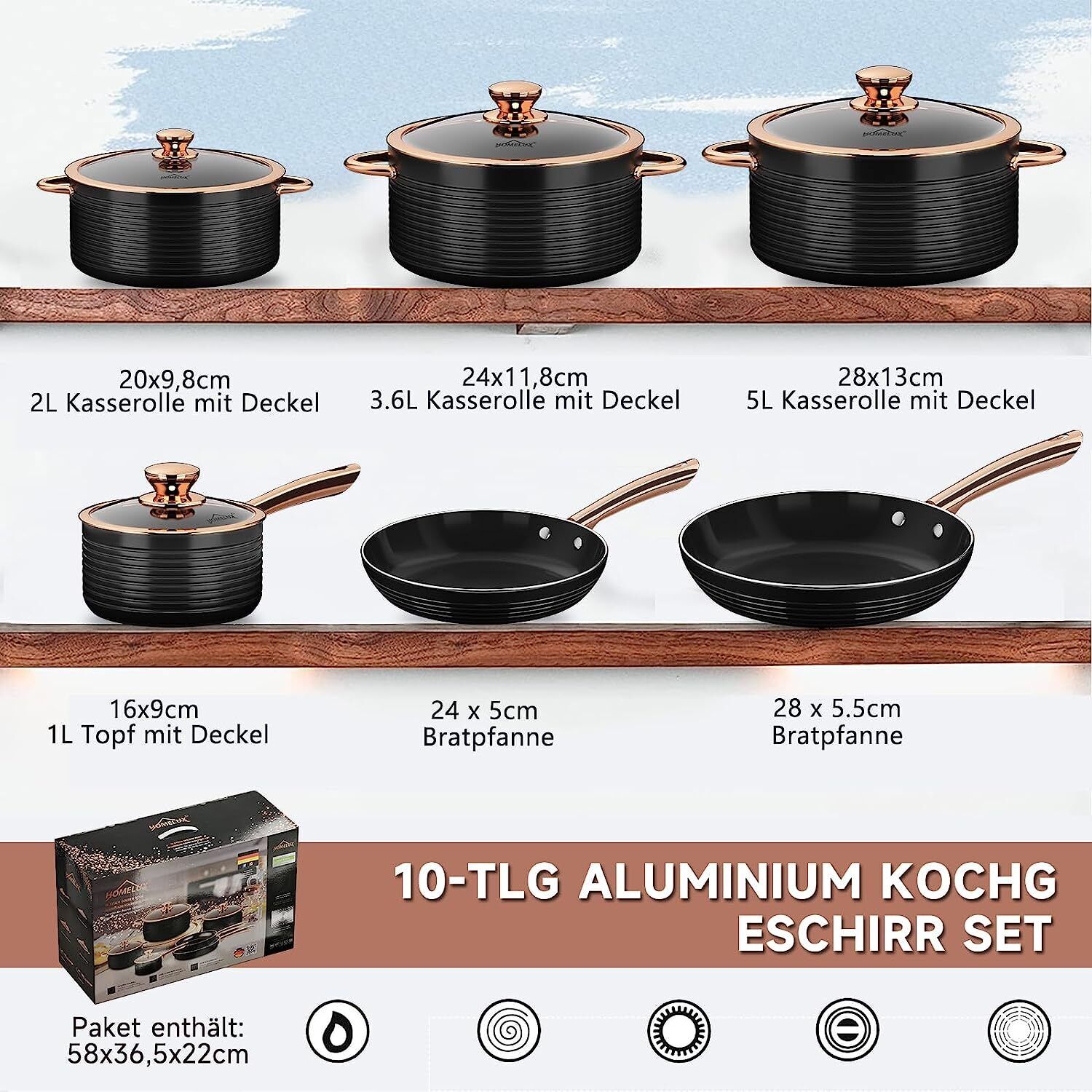 Alu-Induktions-Topfset: HOMELUX 10-teilig