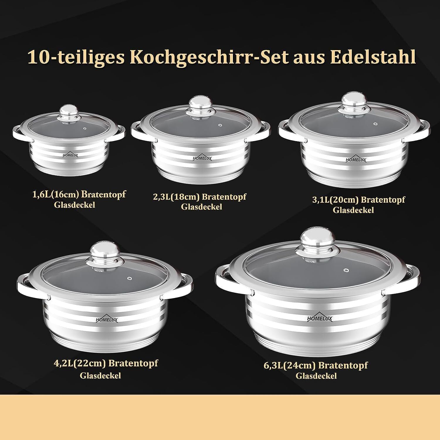 Pot set induction stainless steel cooking pot 10-piece with glass lid for all types of stoves
