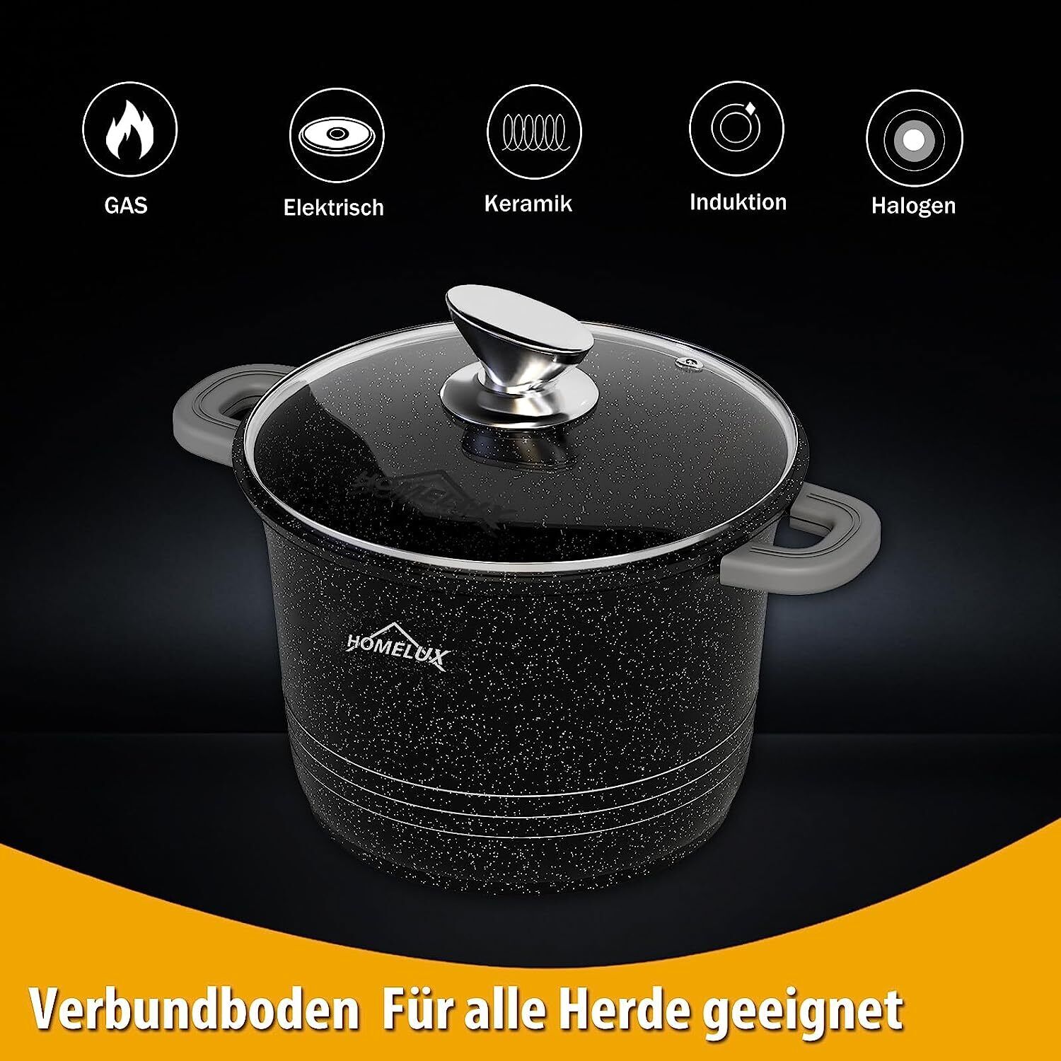 HOMELUX Topf mit Glasdeckel, schnelles Aufheizen für energiesparendes Kochen