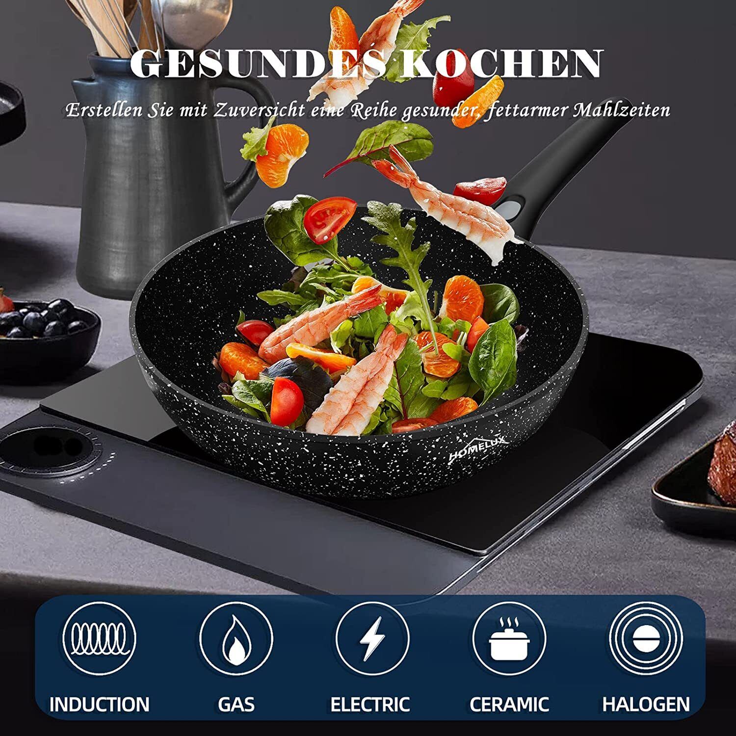 Wok Pfanne Wokpfanne Mit Deckel 28/30/32cm Abnehmbar induktion