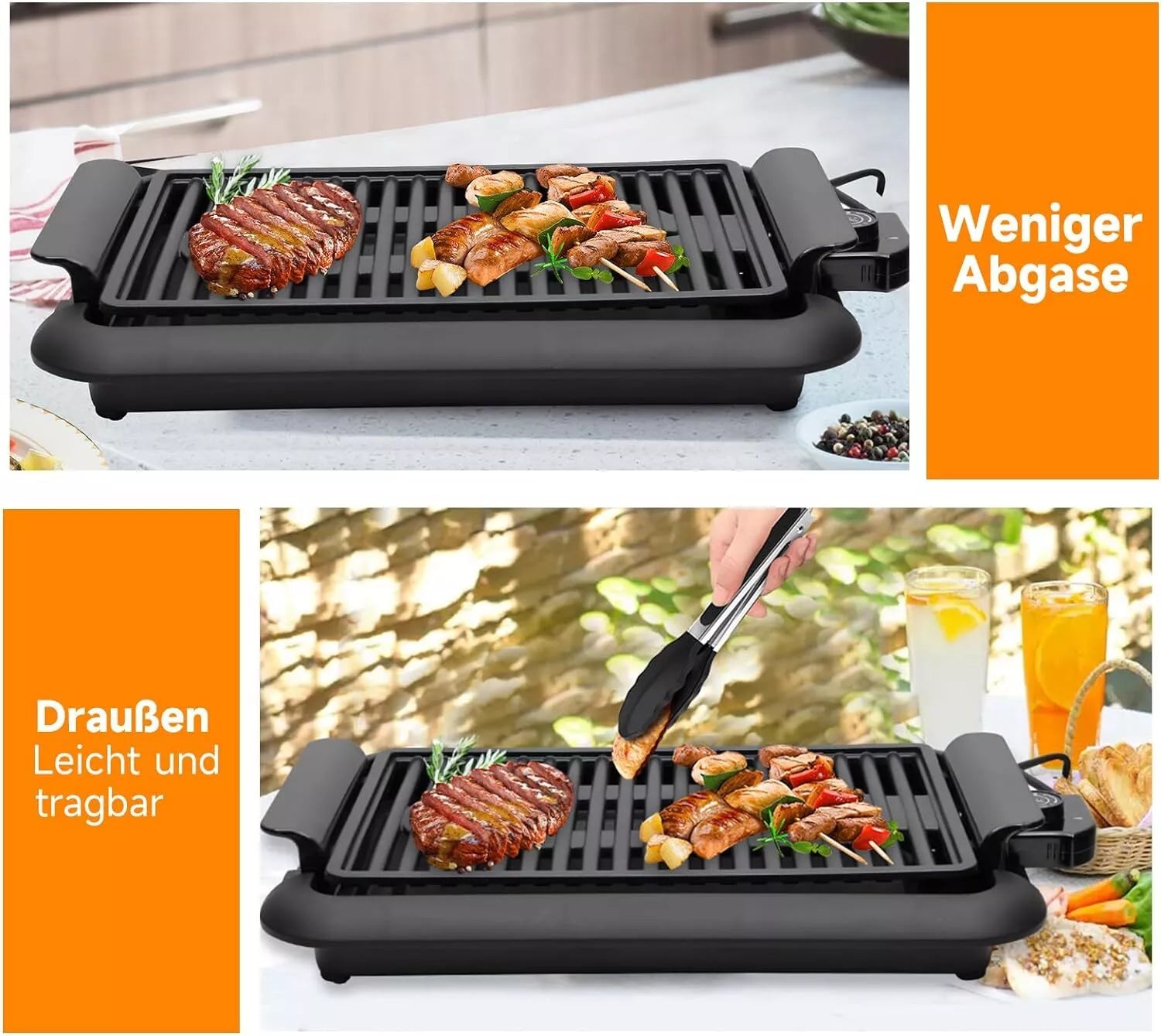 Electric grill 1200W: balcony & portable, smoke-free. BBQ grill 38x25cm fast heating safe cooking constant temperature easy to clean