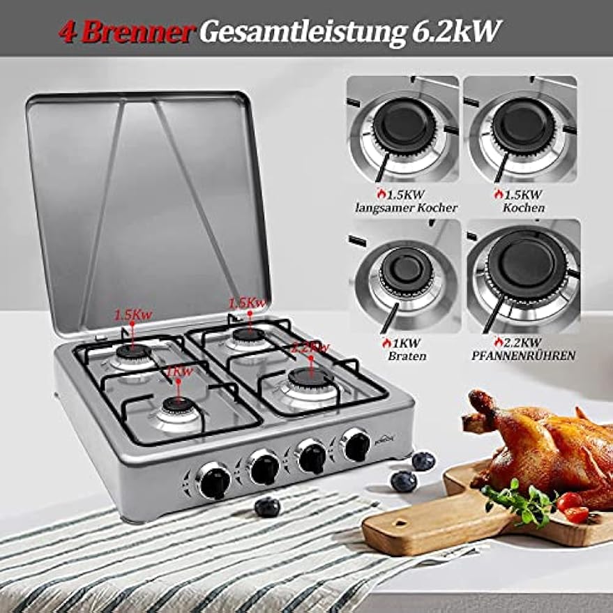 HOMELUX Gaskocher 4 flammig Campingkocher mit Deckel 6,2 kW Kocher Gas Herd Outdoor