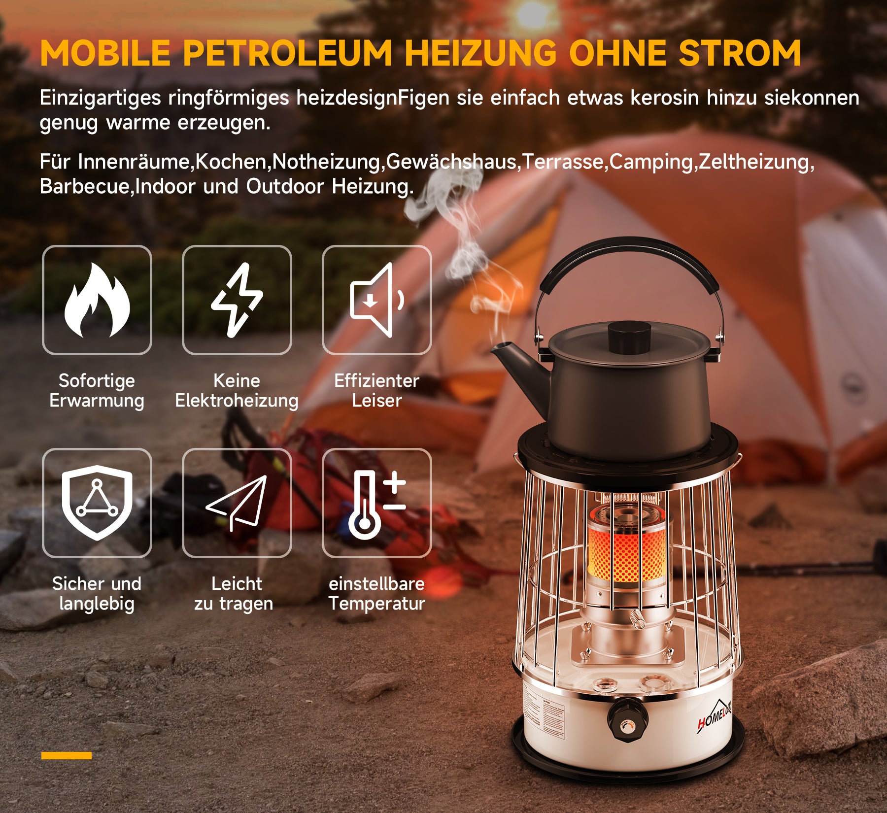 Homelux 6L Petroleumofen, 9.000 BTU/h, ohne Strom, mobil, 20㎡ Heizbereich, mit Kleidersack, gehärtetem Glas-Schornstein