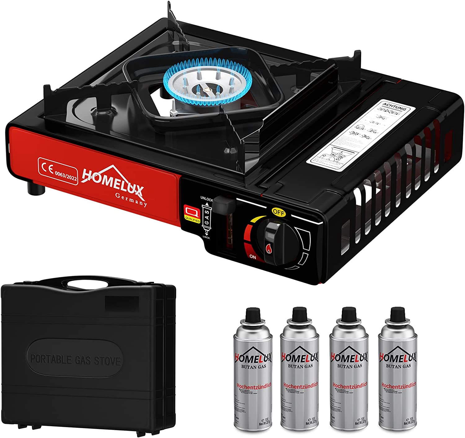 Homelux Gaskocher mit Piezo-Zündung und Drucksensor für hohe Sicherheit