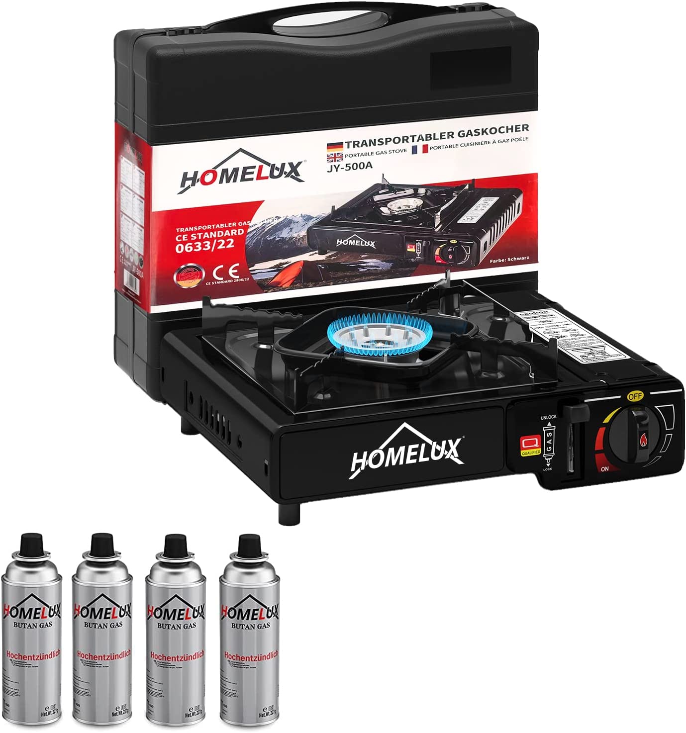 Camping-Gaskocher-Set 2,2 KW, mit Gaskartusche, inkl. Aufbewahrungsbox. Ideal für Outdoor-Kochen