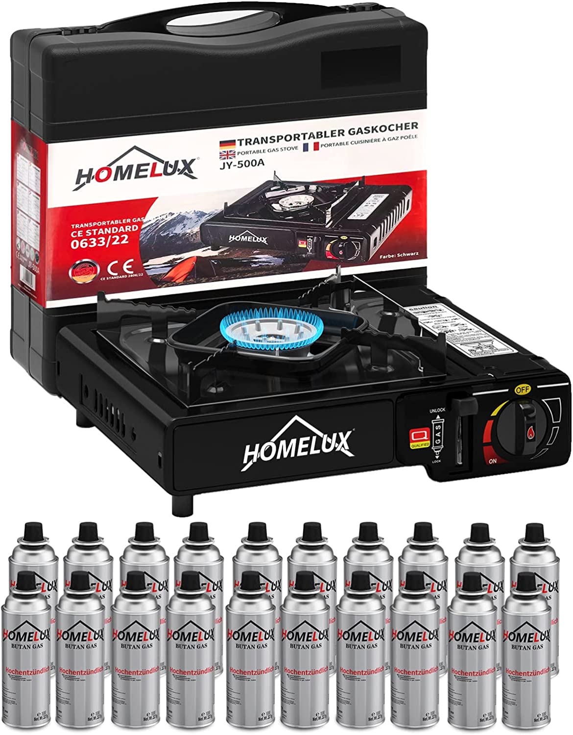 Camping-Gaskocher-Set 2,2 KW, mit Gaskartusche, inkl. Aufbewahrungsbox. Ideal für Outdoor-Kochen