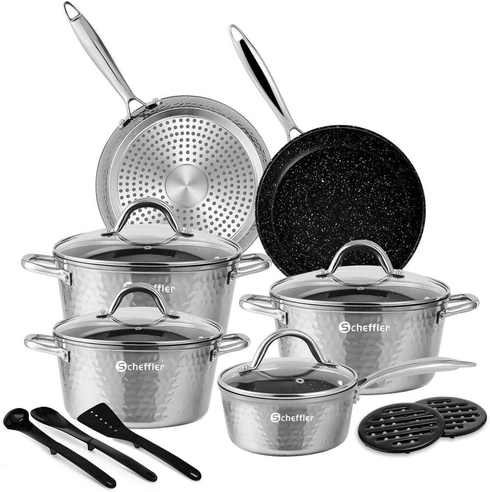 Topfset Scheffler Topfset Induktion 15-teilig, Induktions Töpfe Set,Töpfe mit Glasdeckel, Kochtopf-Set, Töpfe und Pfannen, Induktionsgeeignet