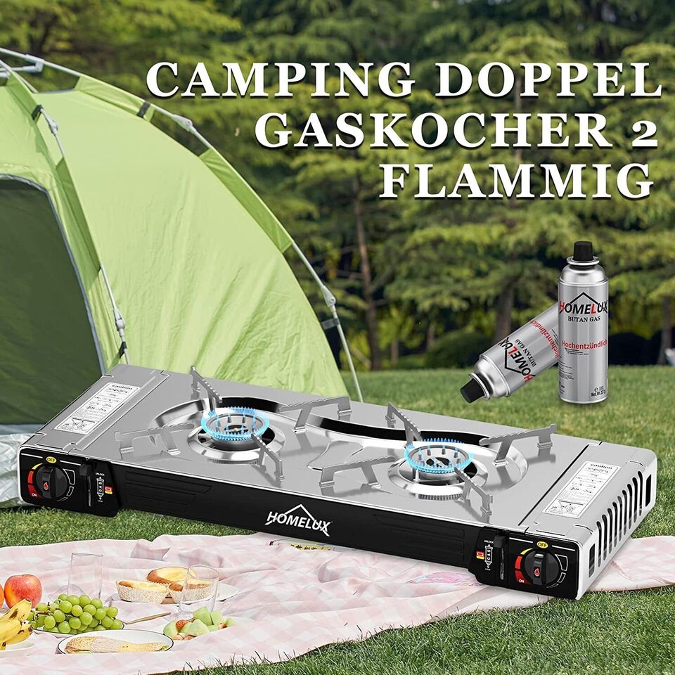 HOMELUX 2-Flammen Butankocher:Tragbarer Gaskocher mit Messingbrenner, Ideal für Camping & Outdoor