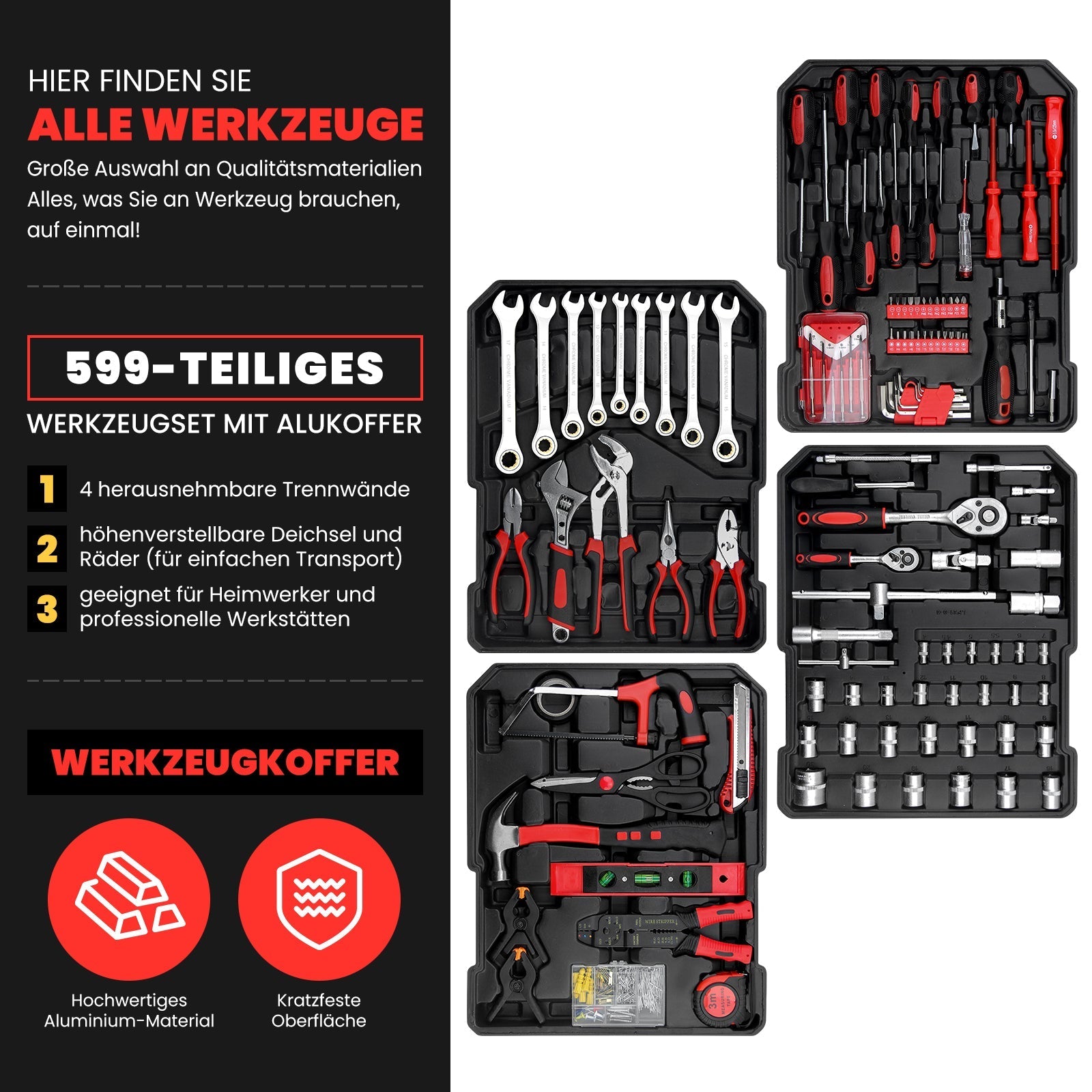 Werkzeugkoffer 599-tlg, Aluminiumkoffer, vielseitiges Werkzeugset