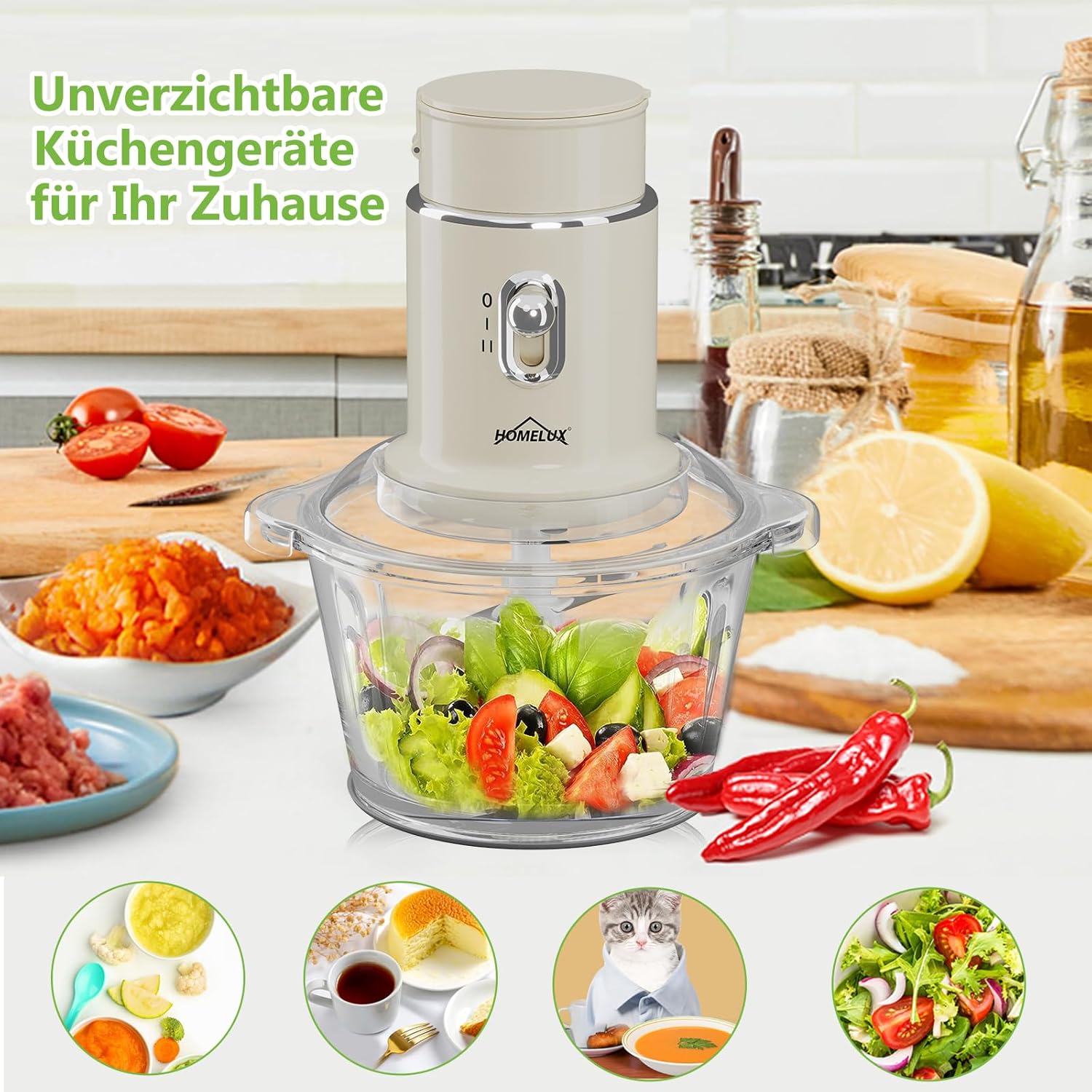 HOMELUX Küchenmaschine: Zerkleinerer, Mixer, Mühle, Knoblauchschneider, 2L Glas, 600ml Saftbecher