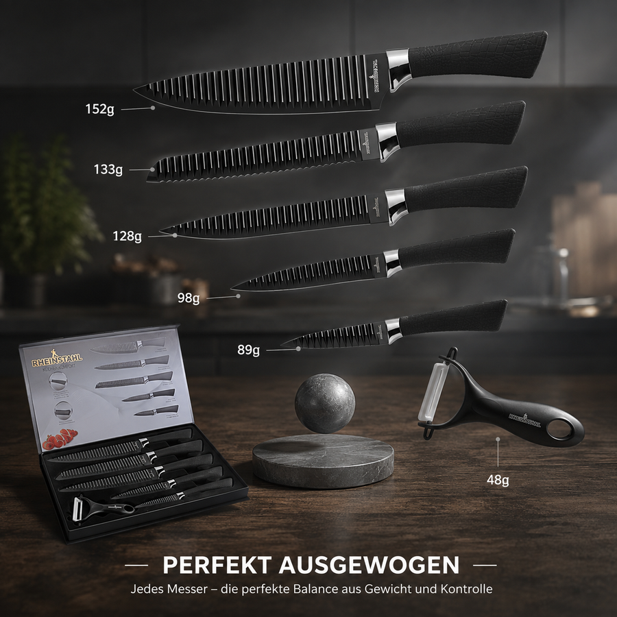 Wie verhindert das 6-teilige Küchenmesserset mit Antihaft-Rillenstruktur lästiges Festkleben beim Schneiden?