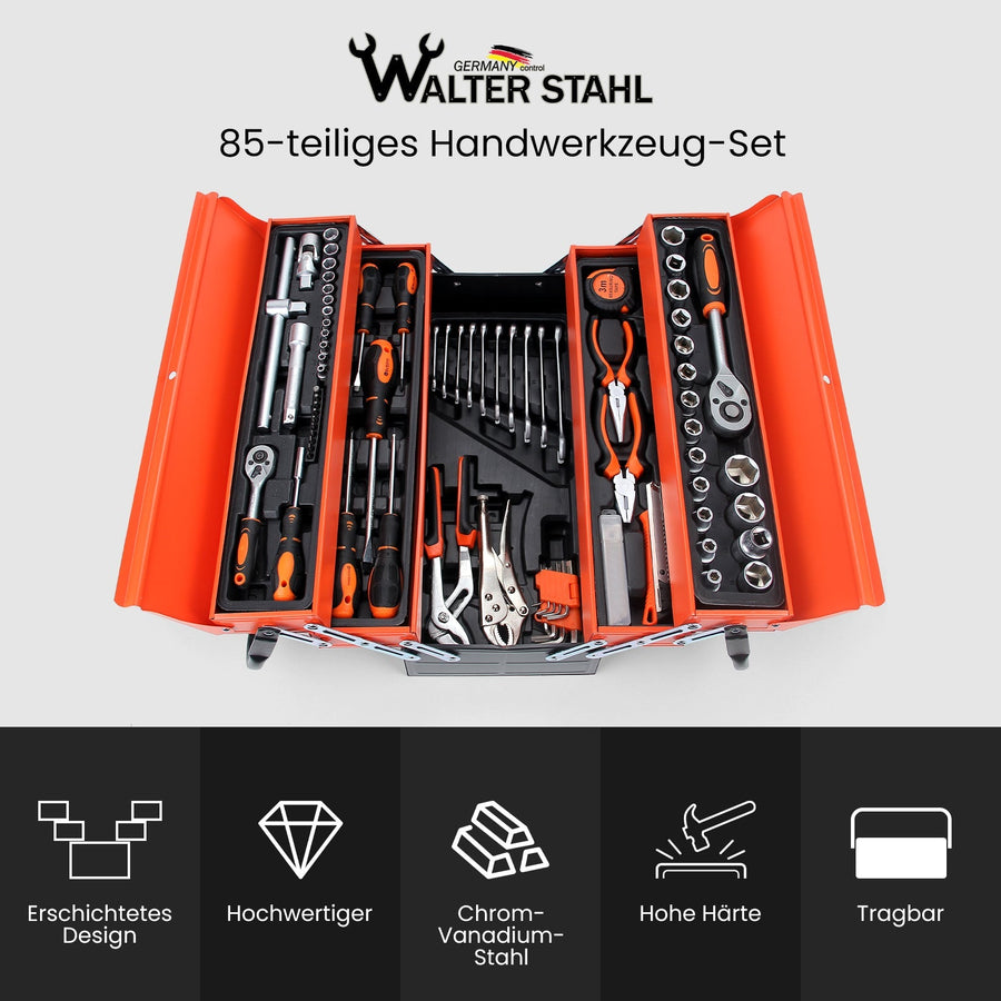 85-teiliges Werkzeugset aus Chrom-Vanadium: Robuster Metall-Etagenkoffer für KFZ & Montage