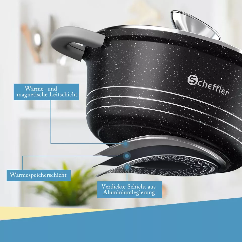 Scheffler Topfset mit Glasdeckel Kochtopf Set Induktions Töpfe Set, 2.2L/24cm,4L/28cm,6L,Töpfe Set, mit Antihaftbeschichtung