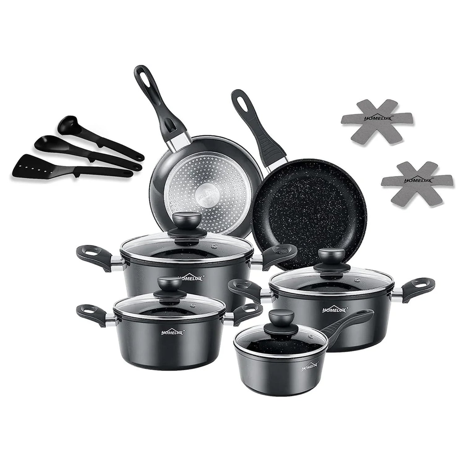 15pc pot set induction pots set non-stick coated aluminum cooking pot set Homelux pots set 