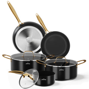 HOMELUX 8-teiliges Induktions-Topfset mit Glasdeckel Kochtöpfe und Pfannen für alle Herdarten in Schwarz