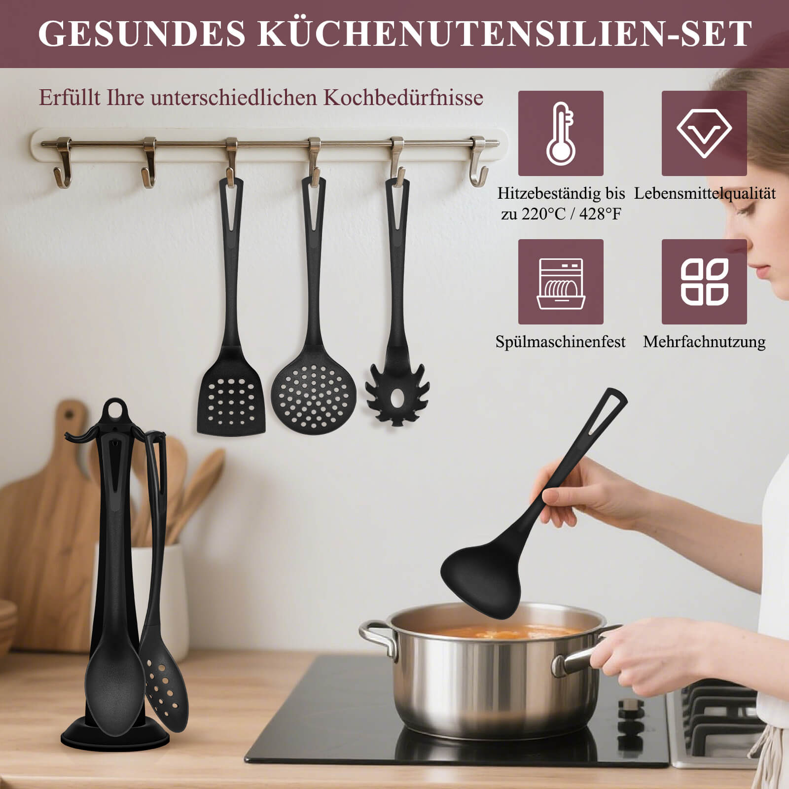 7-teiliges Küchenhelfer Set Hitzebeständige & BPA-freie Kochutensilien mit Ständer für jede Küche