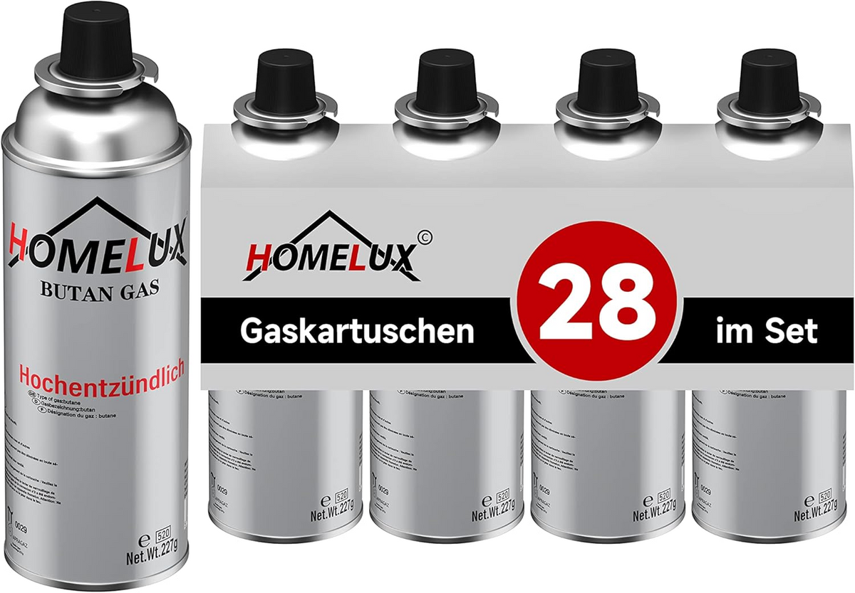 HOMELUX 28x gas cartridges 227g, butane with bayonet valve, for camping stove, gas cooker, gas heater, gas burner, soldering torch